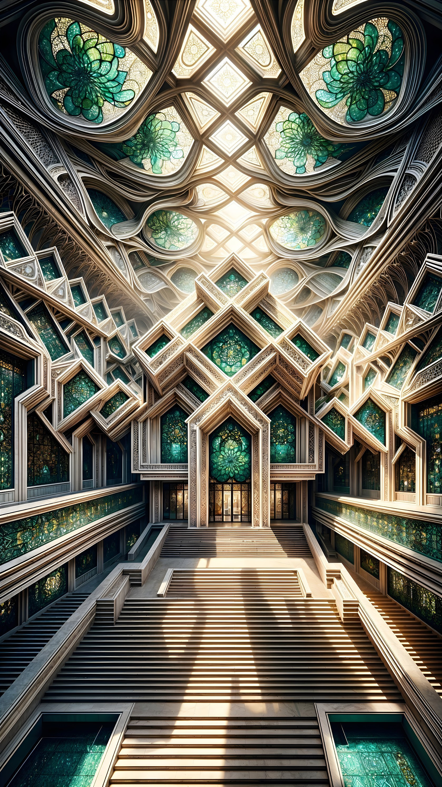 Intricate Architectural Interior with Stained Glass and Patterns