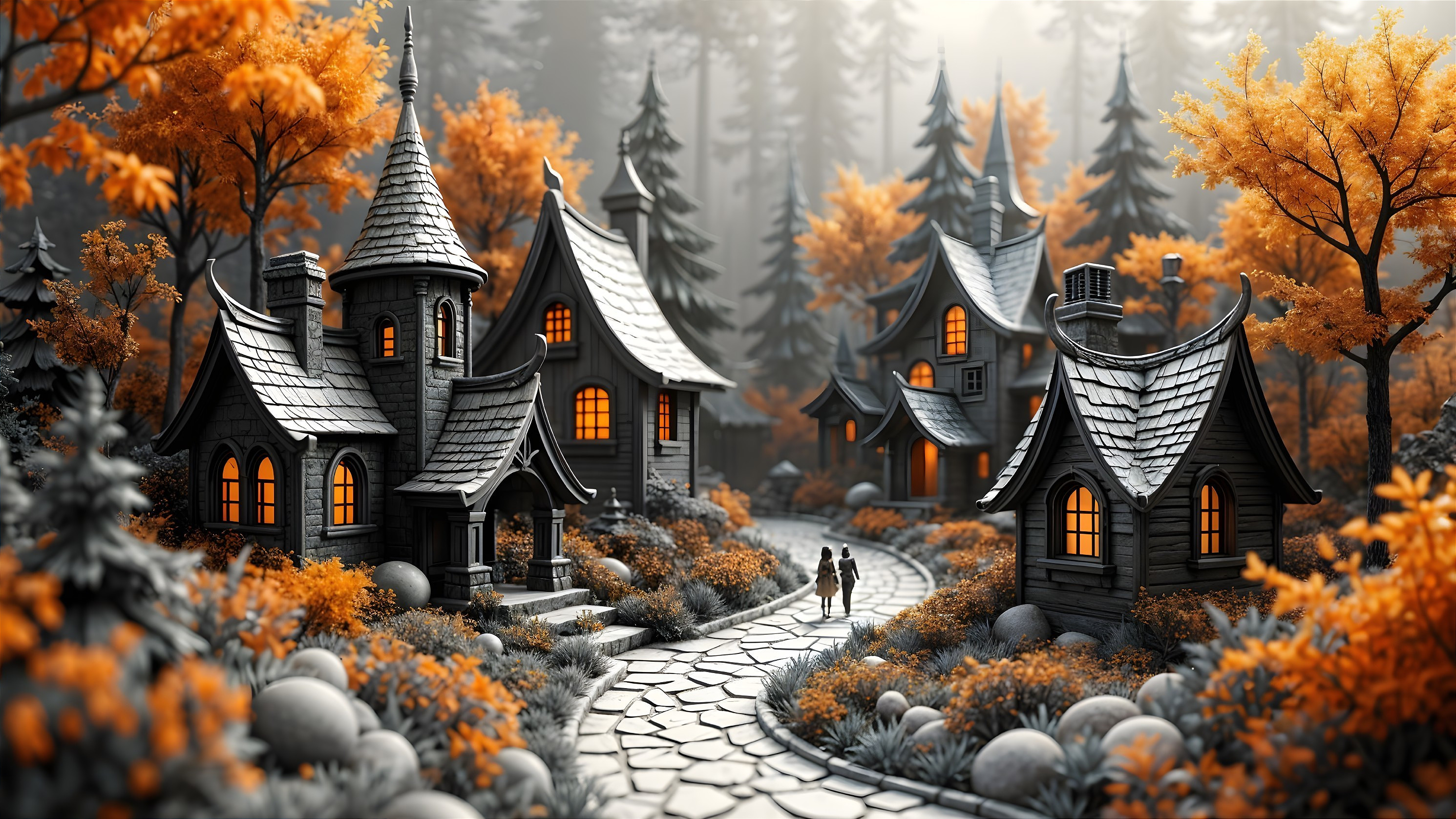 Whimsical Village in Foggy Forest with Colorful Foliage