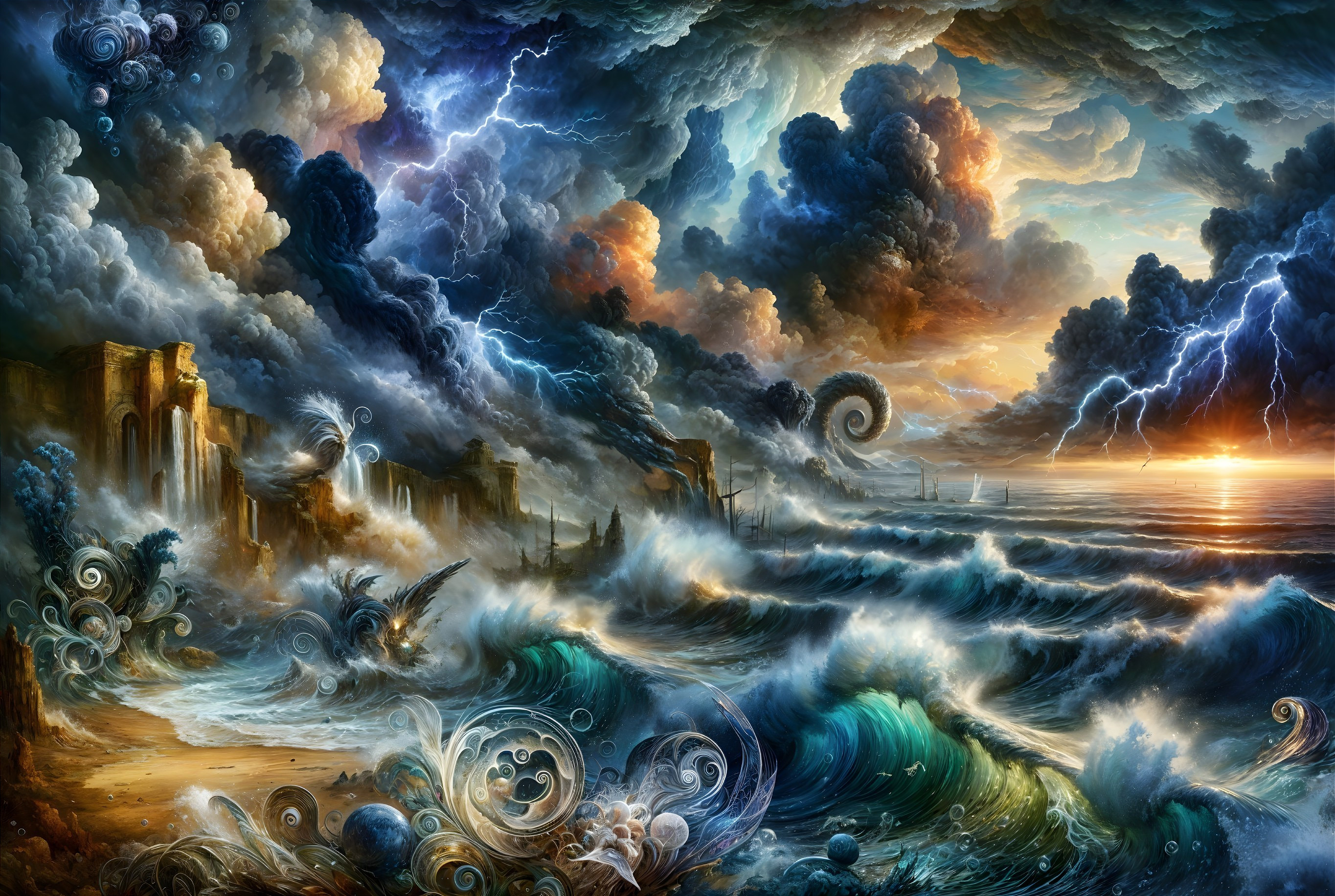 Dramatic Seascape with Stormy Sky and Ancient Ruins