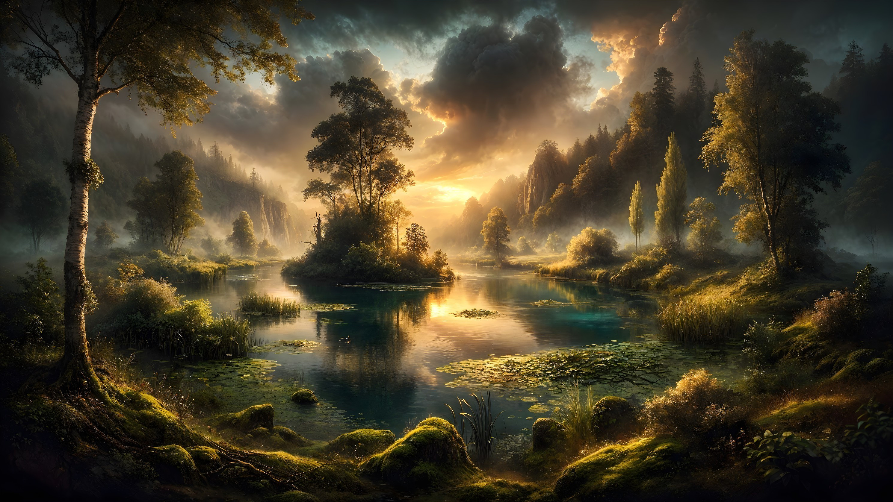 Tranquil Lake Sunset Landscape with Lush Greenery