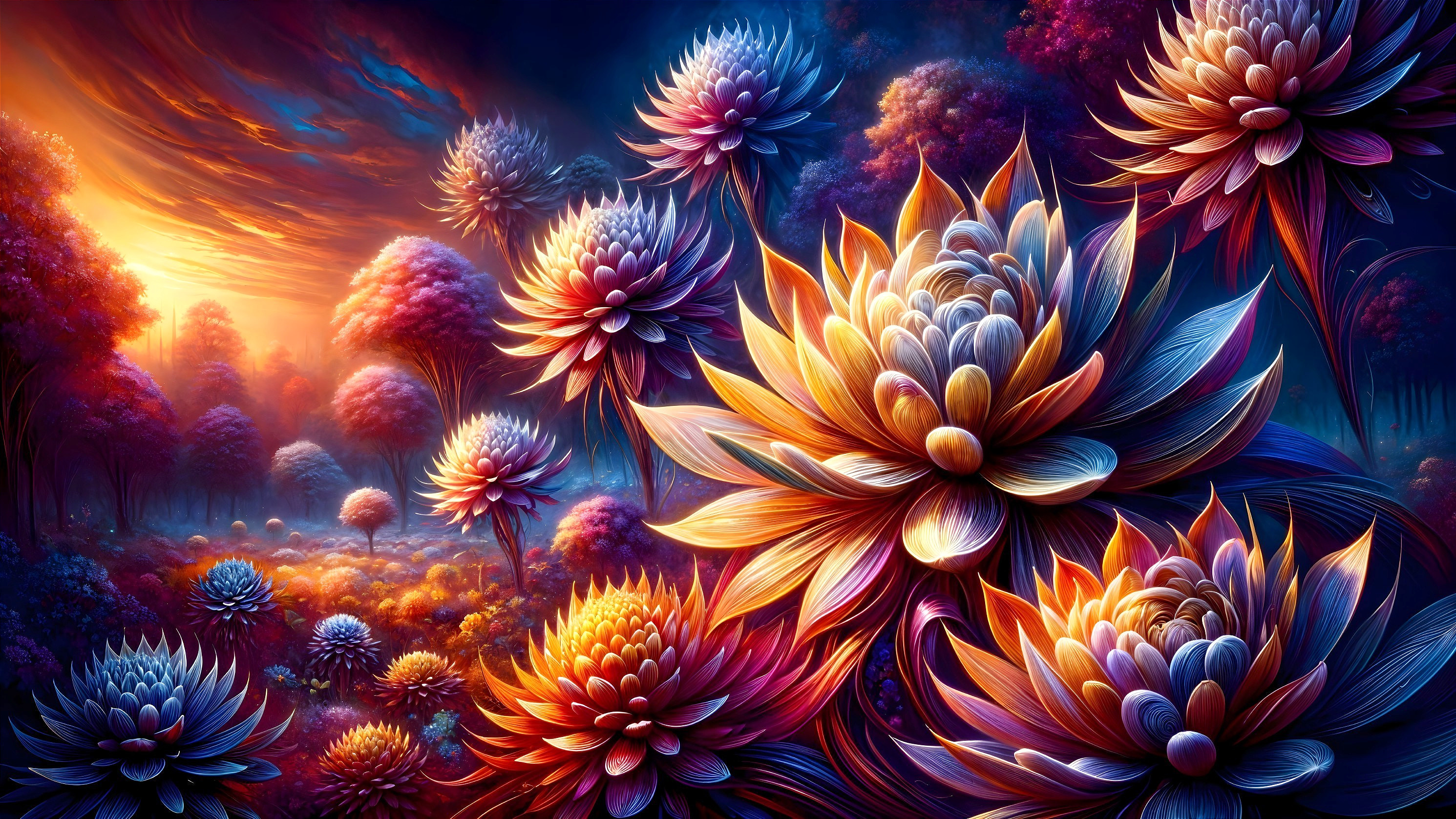 Vibrant Landscape with Oversized Radiant Flowers