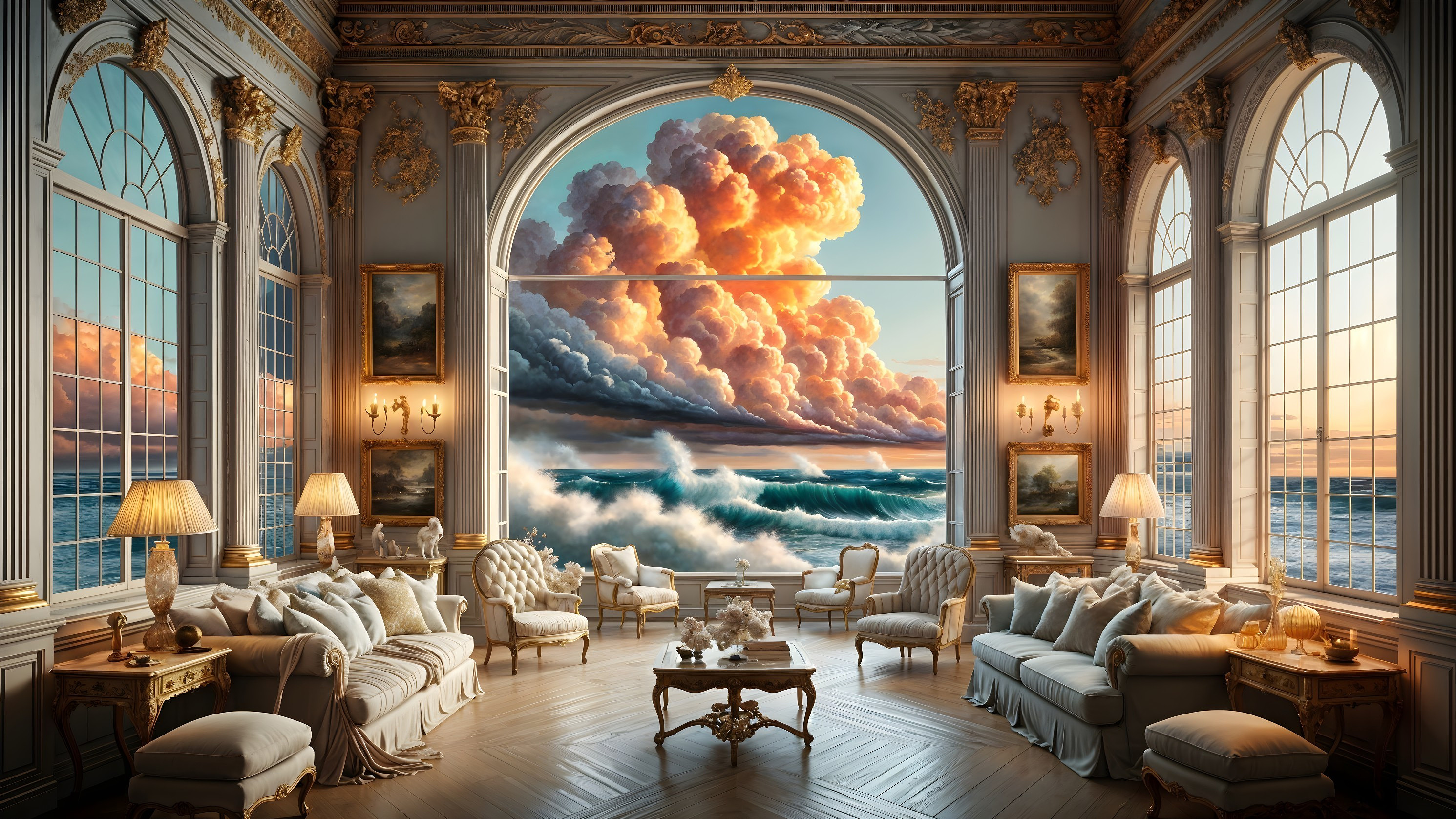 Luxurious Living Room with Seascape Views and Elegance