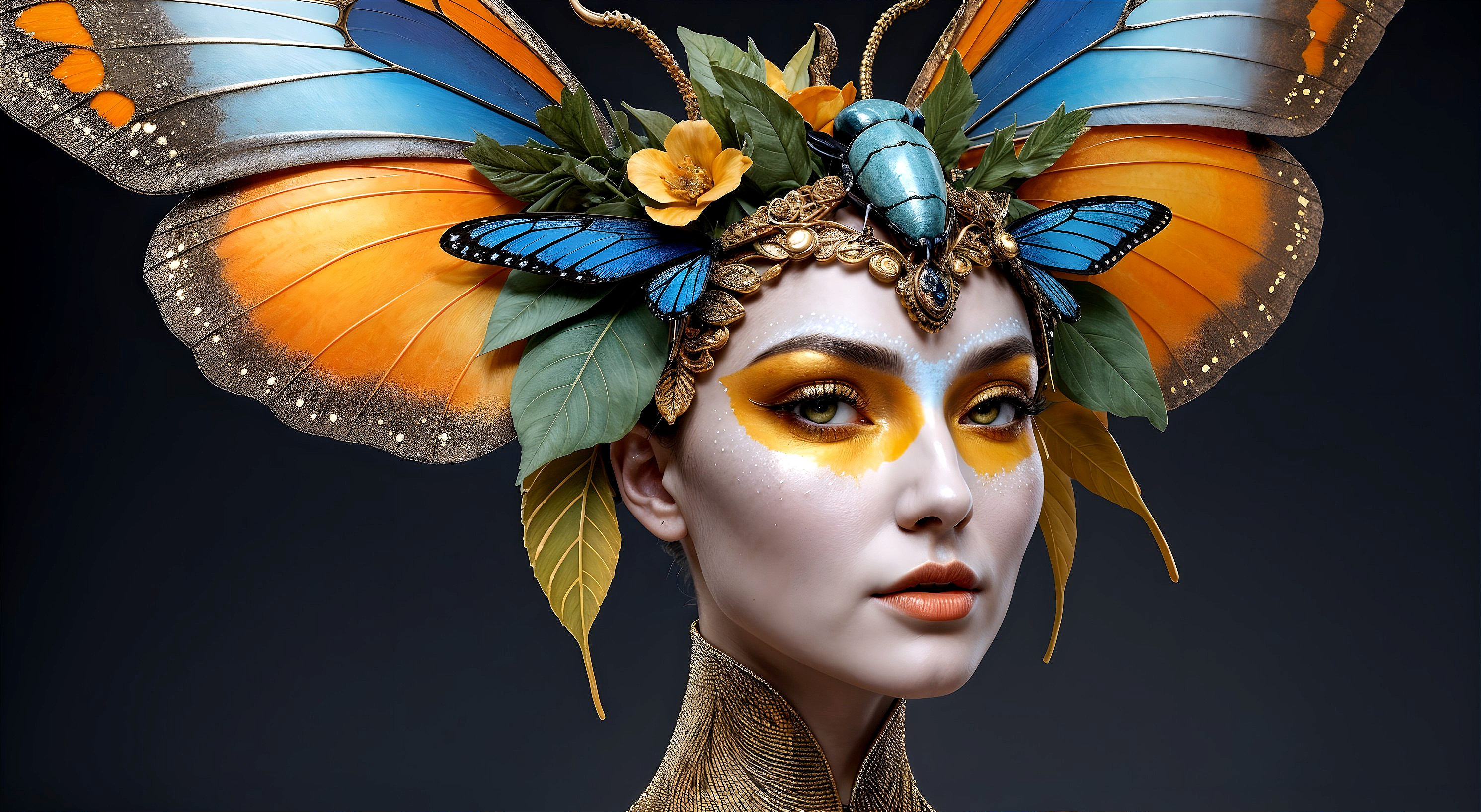 Portrait of a Woman with Butterfly Headpiece and Makeup