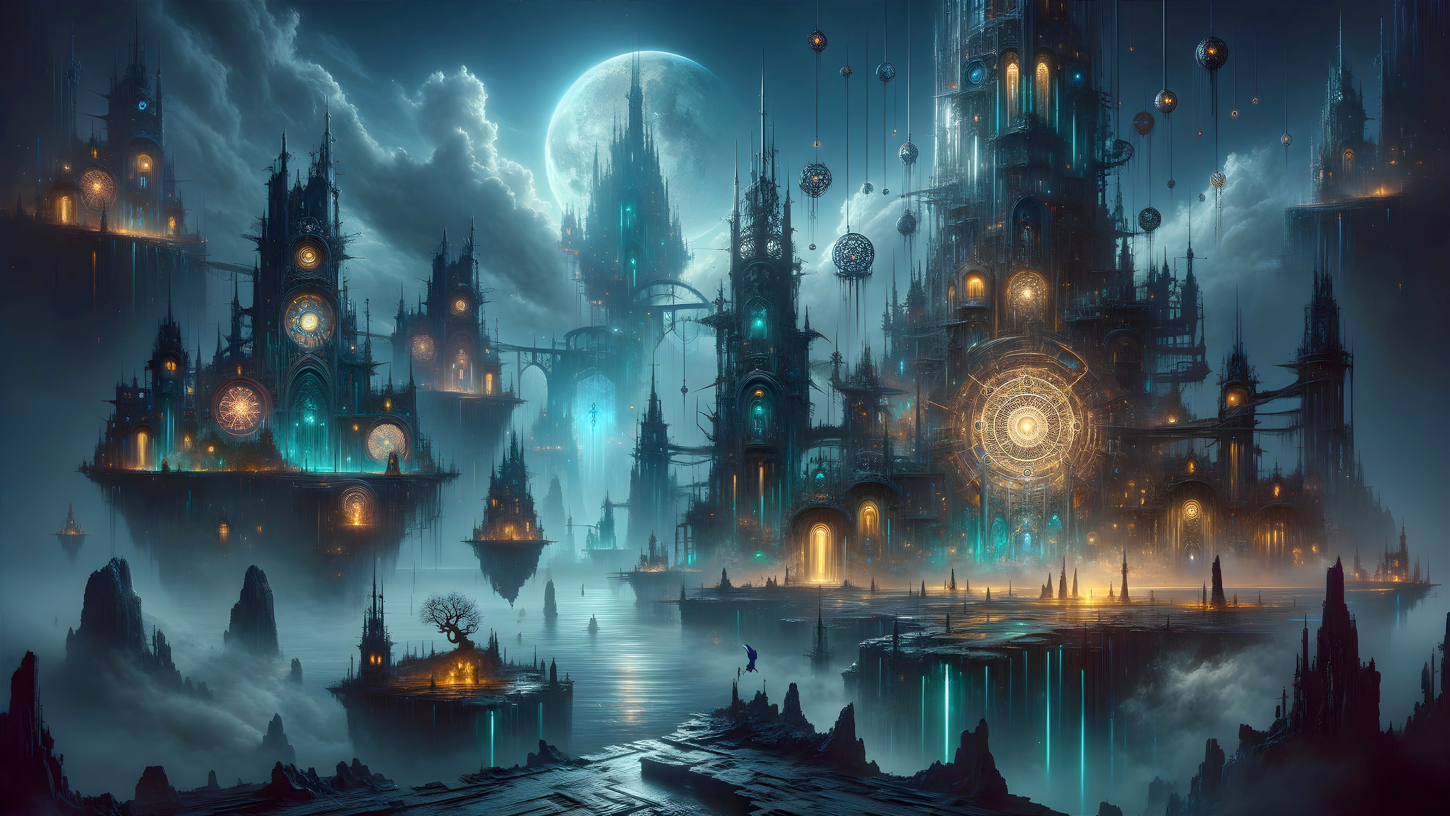 Mystical Landscape with Towering Structures and Fog