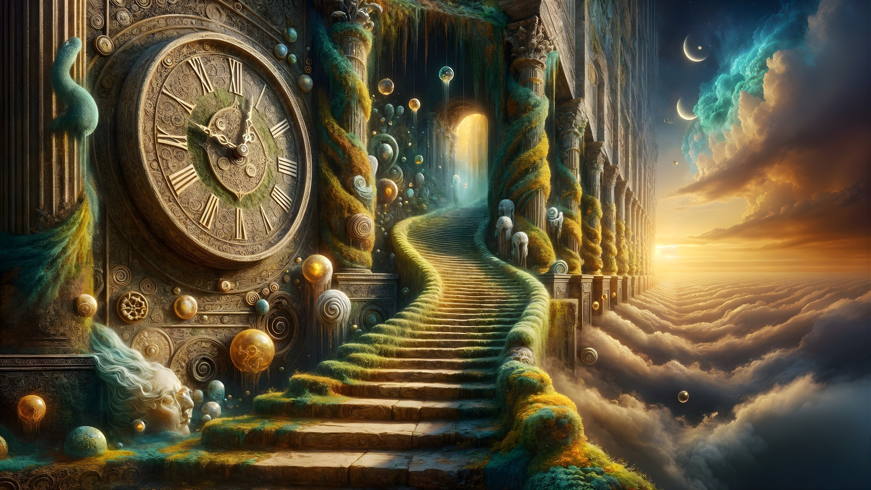 Surreal Landscape with Oversized Clock and Staircase