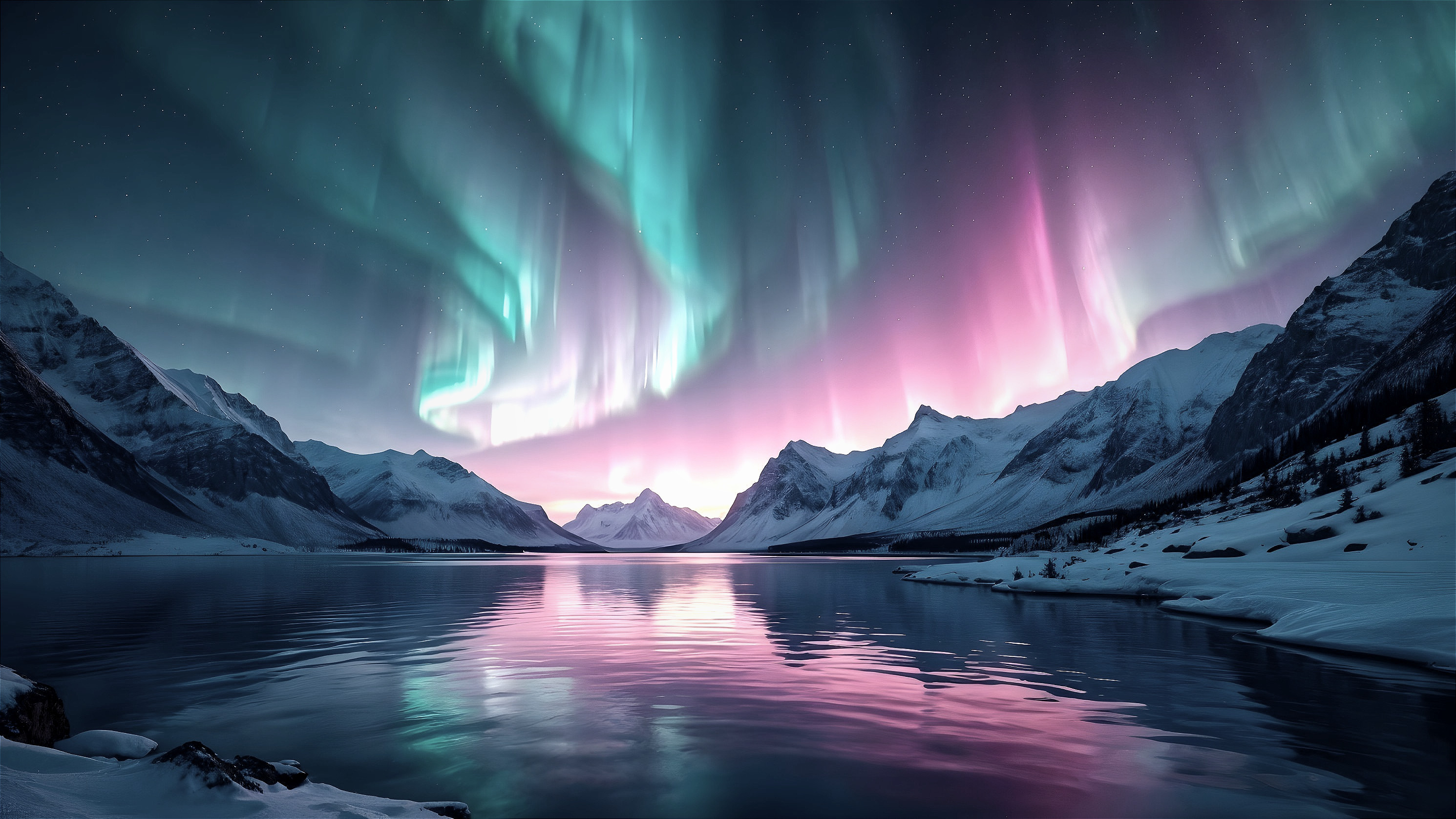 Serene Lake Surrounded by Mountains and Aurora Borealis