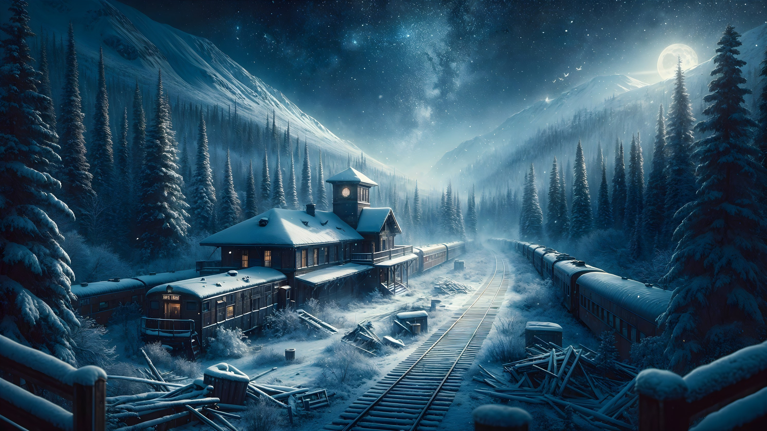 Winter Landscape with Train Station and Snowy Valley