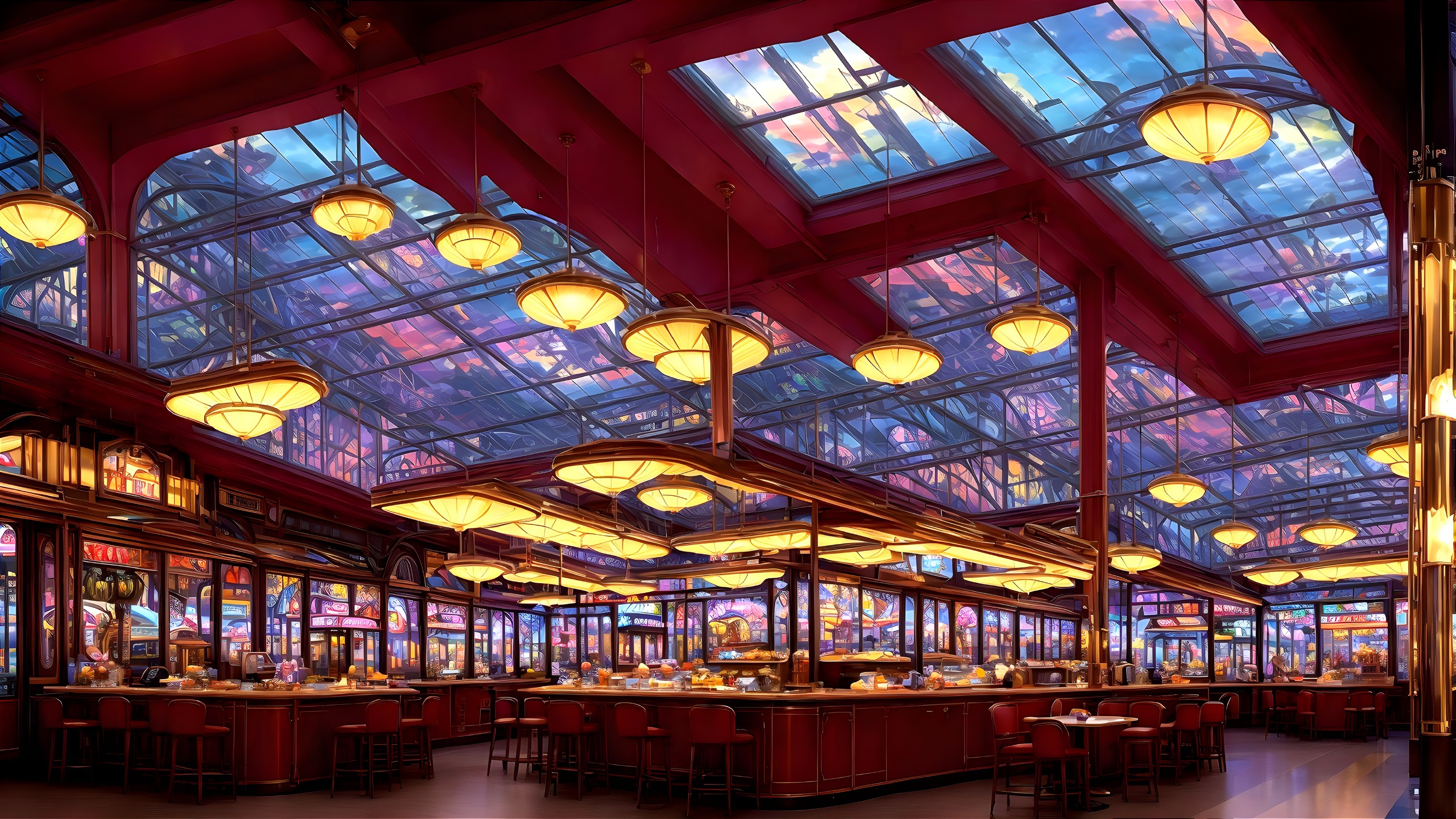 Vibrant Restaurant Interior with Stained Glass Ceilings