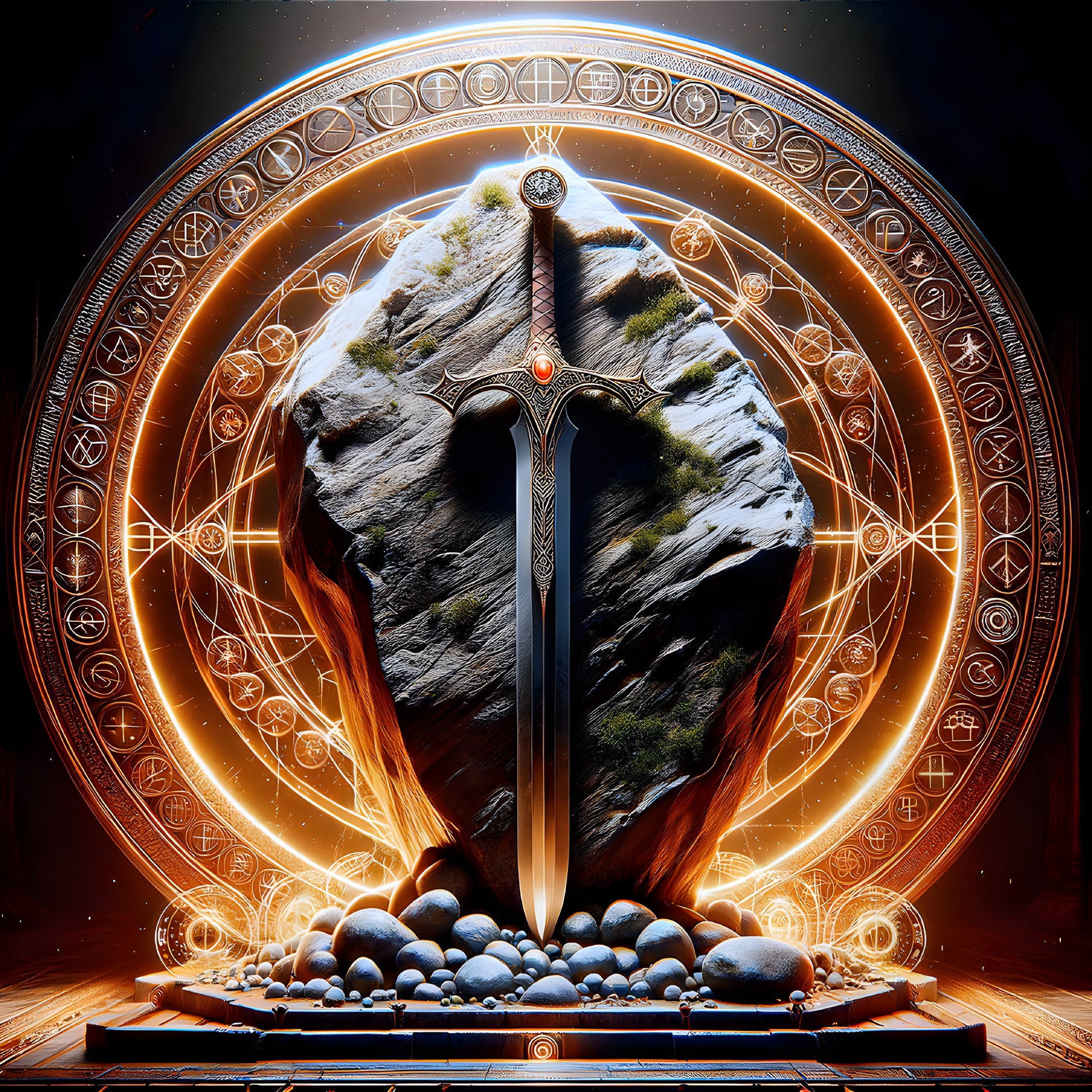 Majestic sword in rock with magical symbols and glow