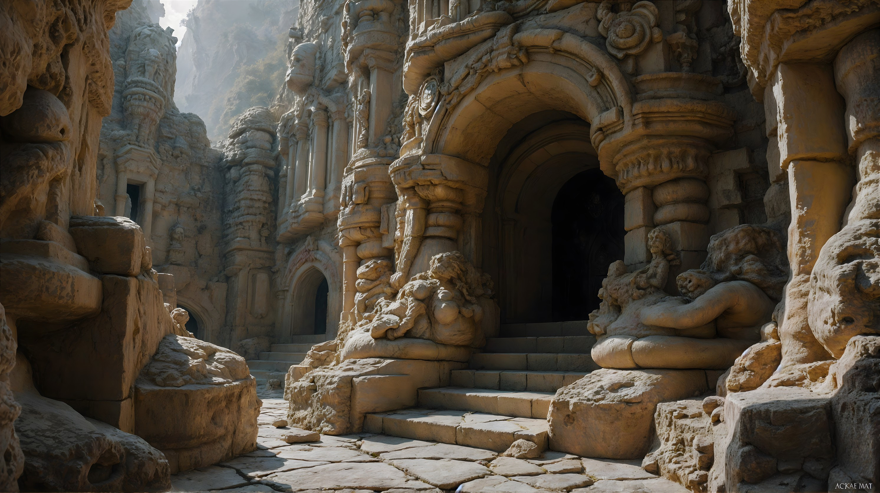 Ancient Stone Structure with Intricate Carvings and Statues