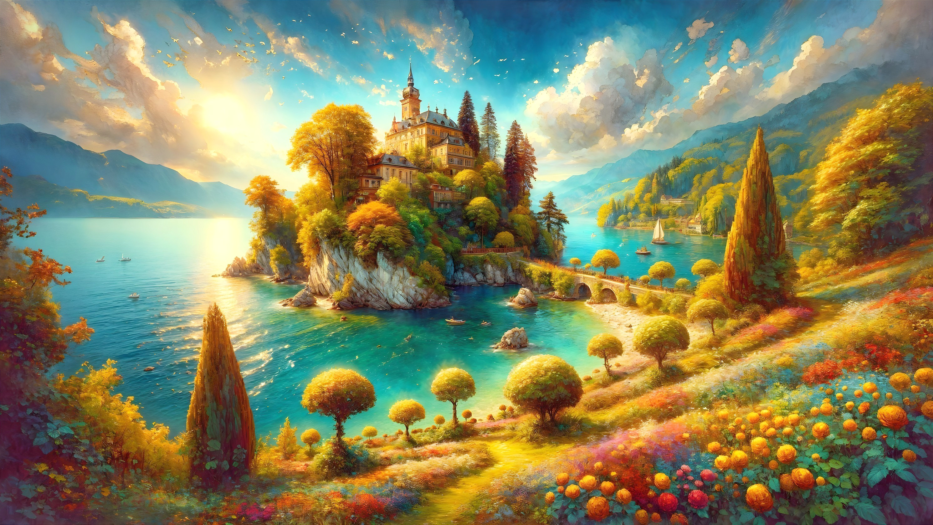 Vibrant Castle Landscape with Lake and Gardens