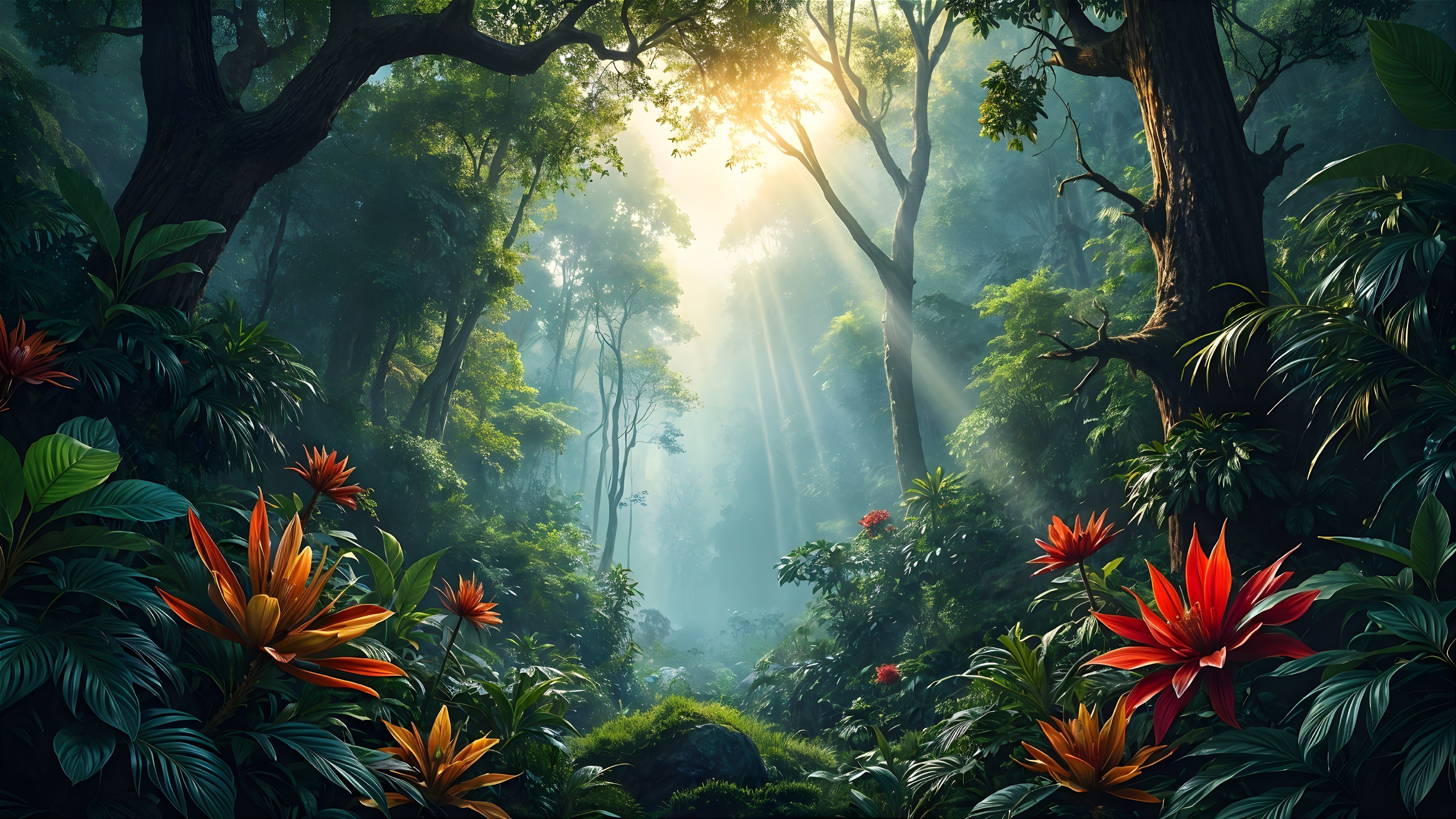 Tropical Forest with Sunlight and Vibrant Flora