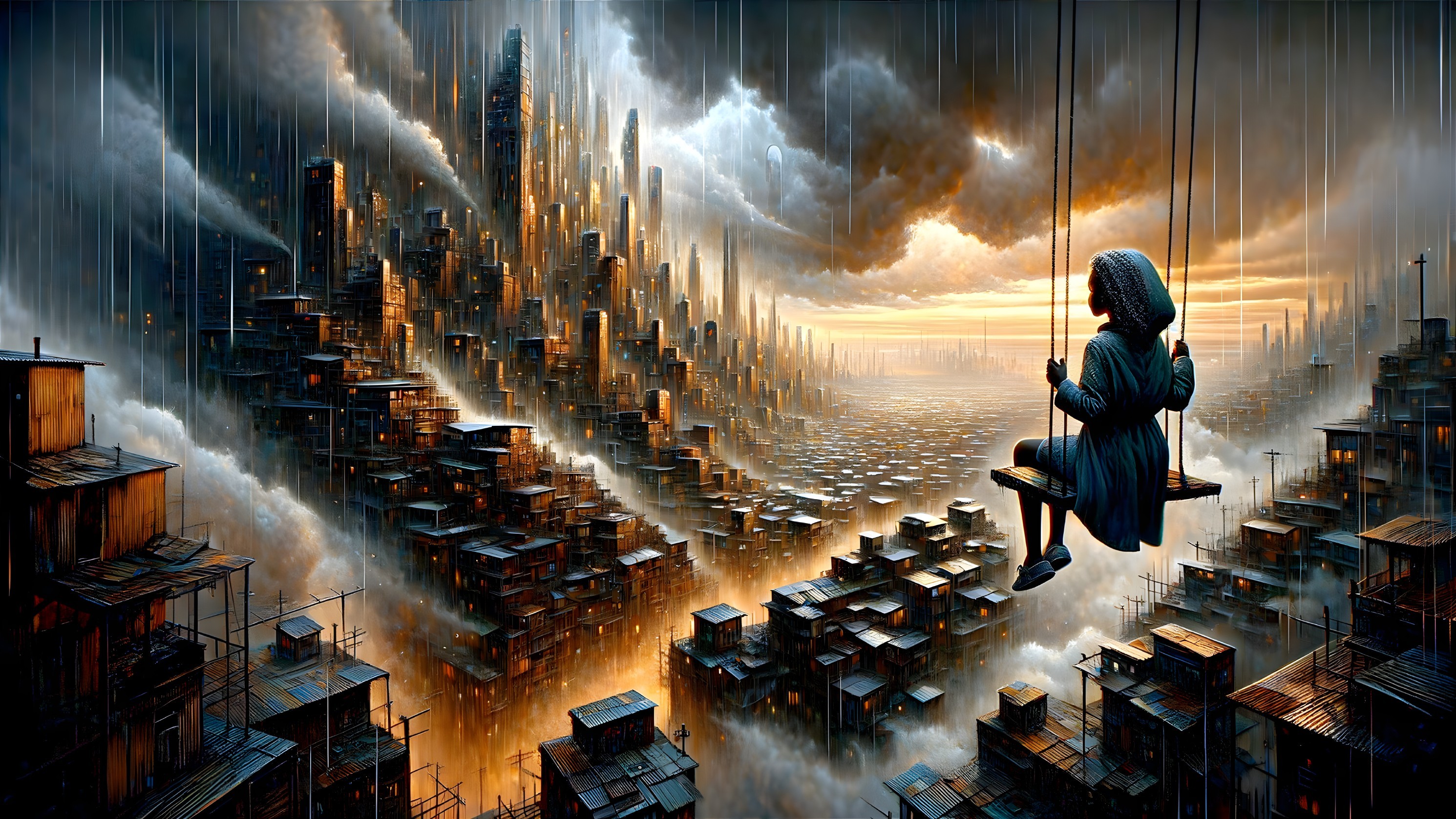 Girl on Swing Over Cityscape with Dark Clouds