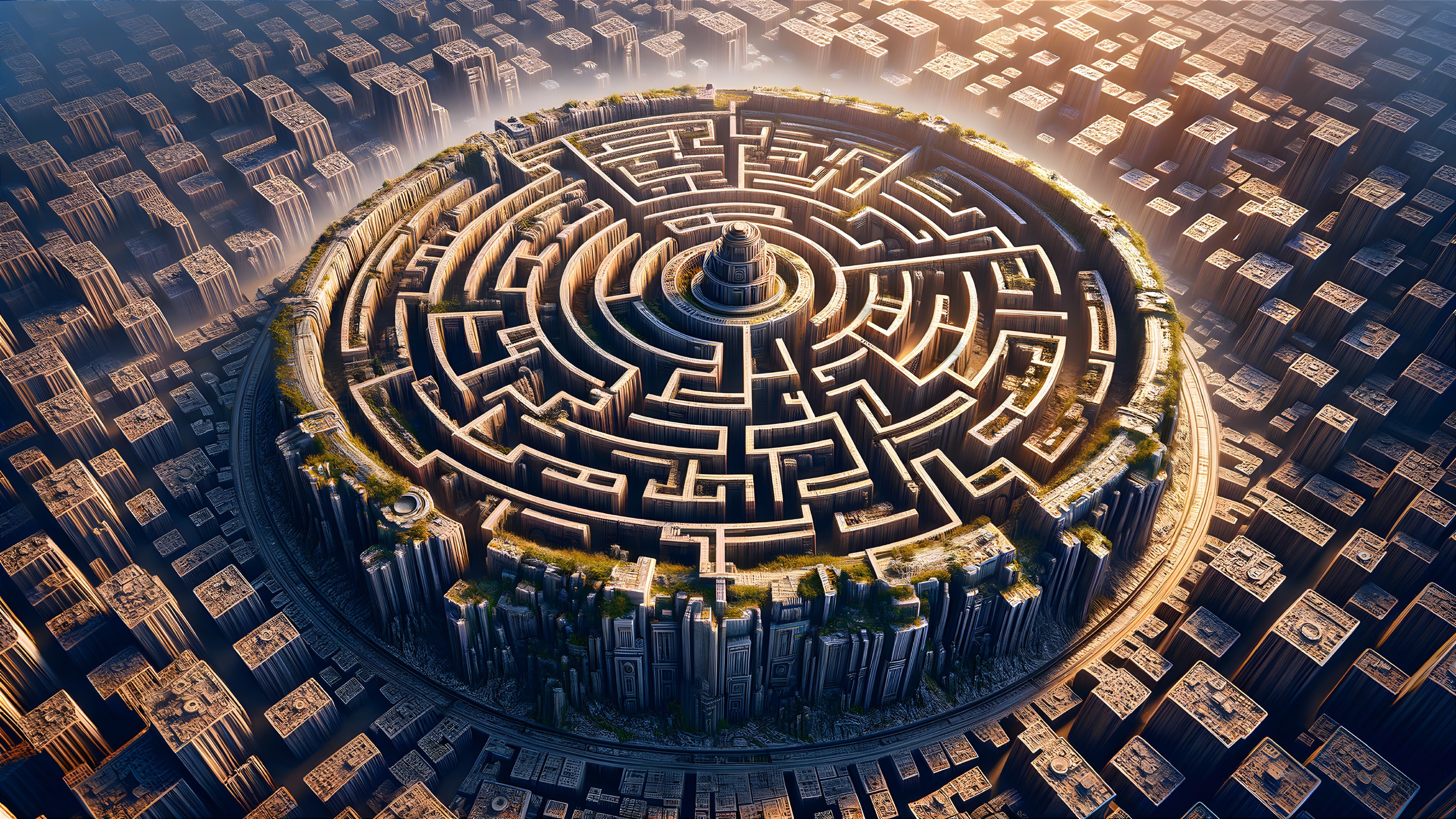 Intricate Circular Labyrinth on Rocky Landscape