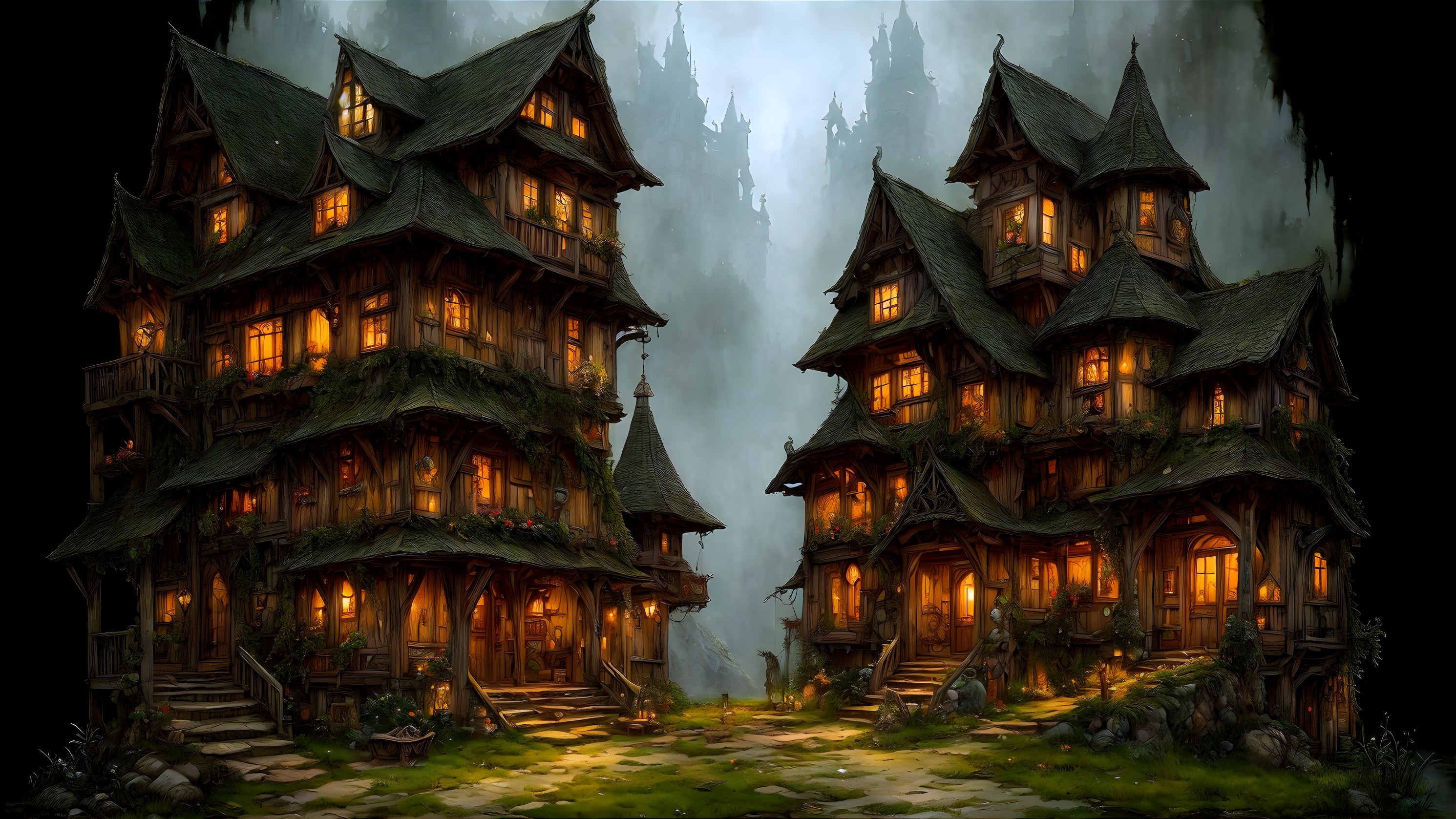 Mystical Village with Cozy Wooden Houses and Trees