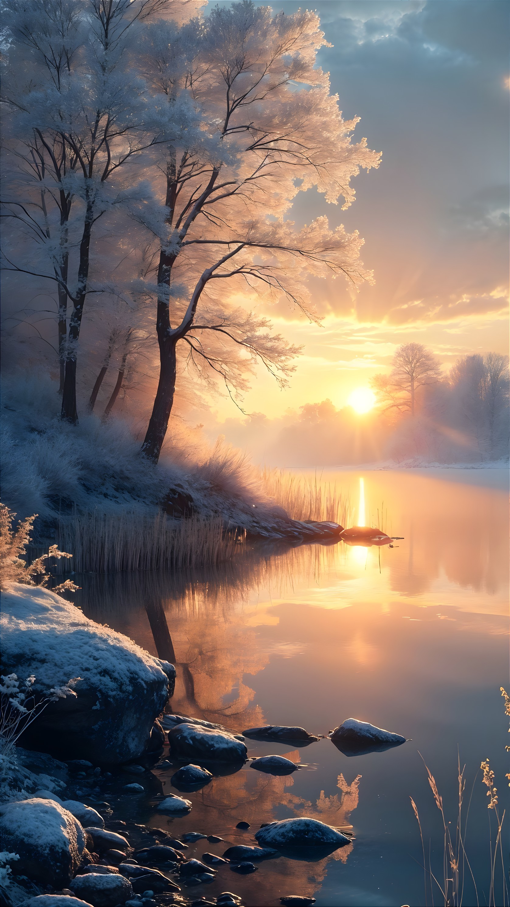 Winter Landscape with Frosted Trees and River