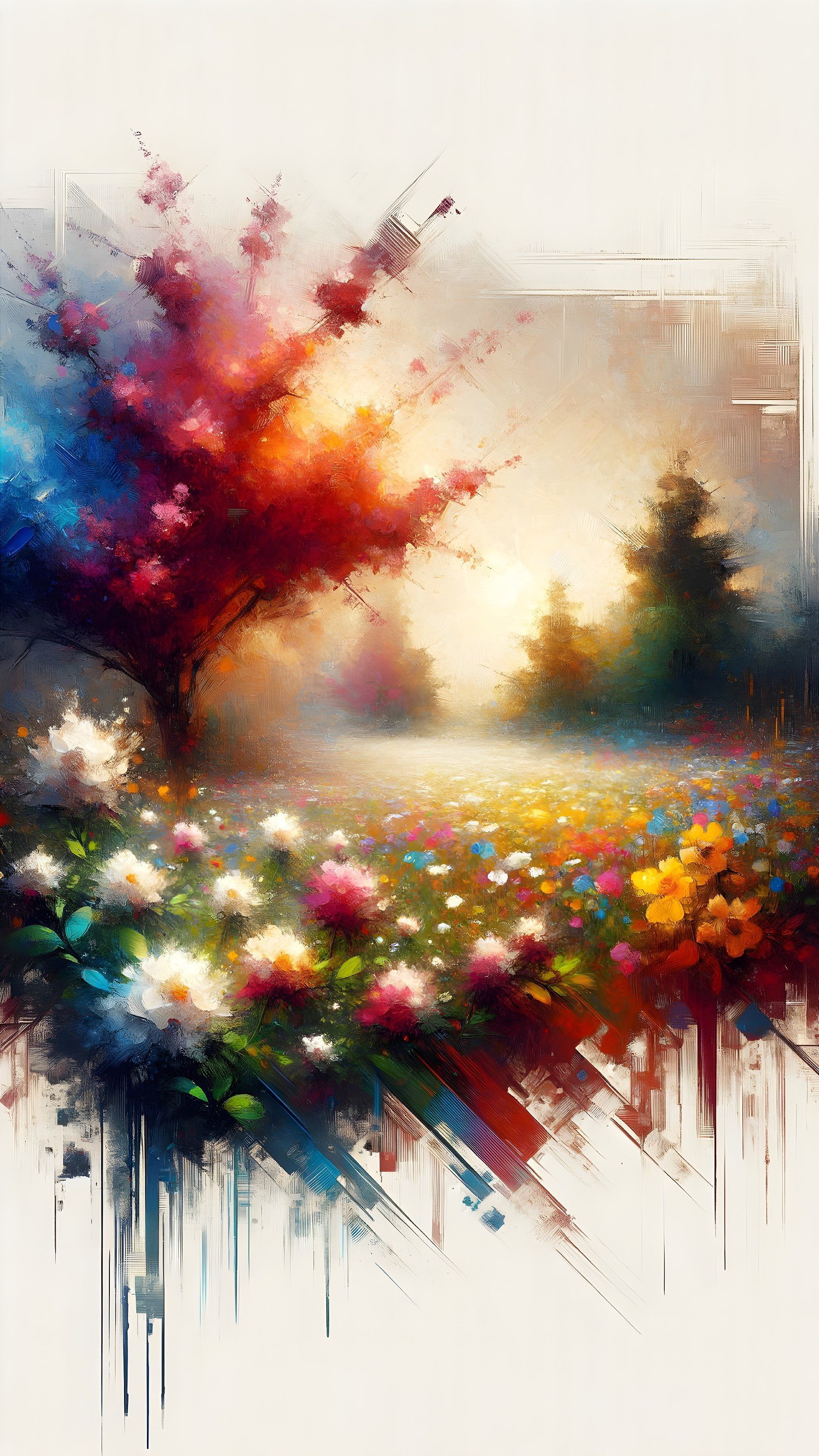 Vibrant landscape with colorful flowers and autumn trees