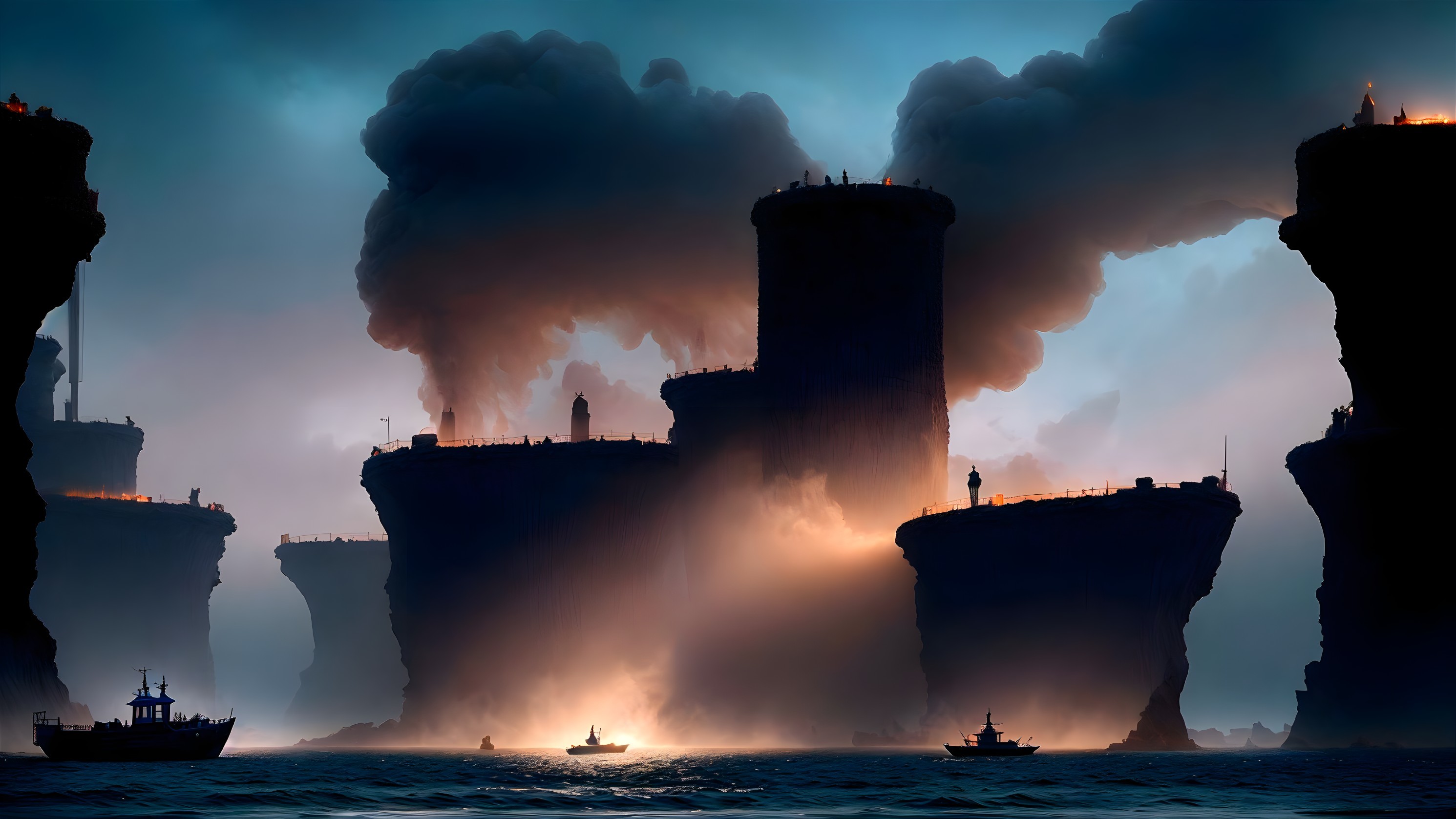 Misty twilight seascape with towering cliffs and industrial smokestacks