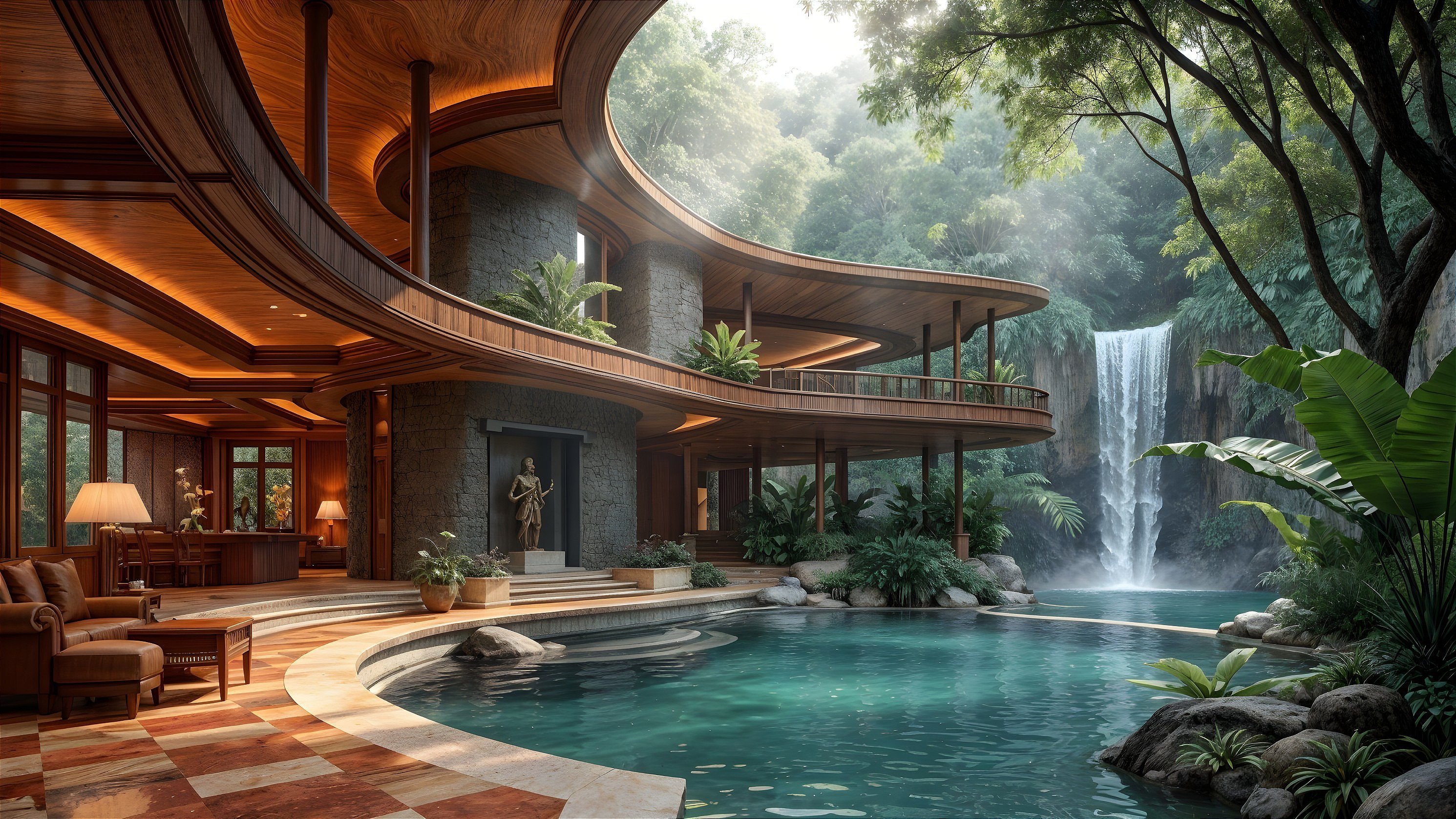 Modern villa with lush greenery and serene waterfall