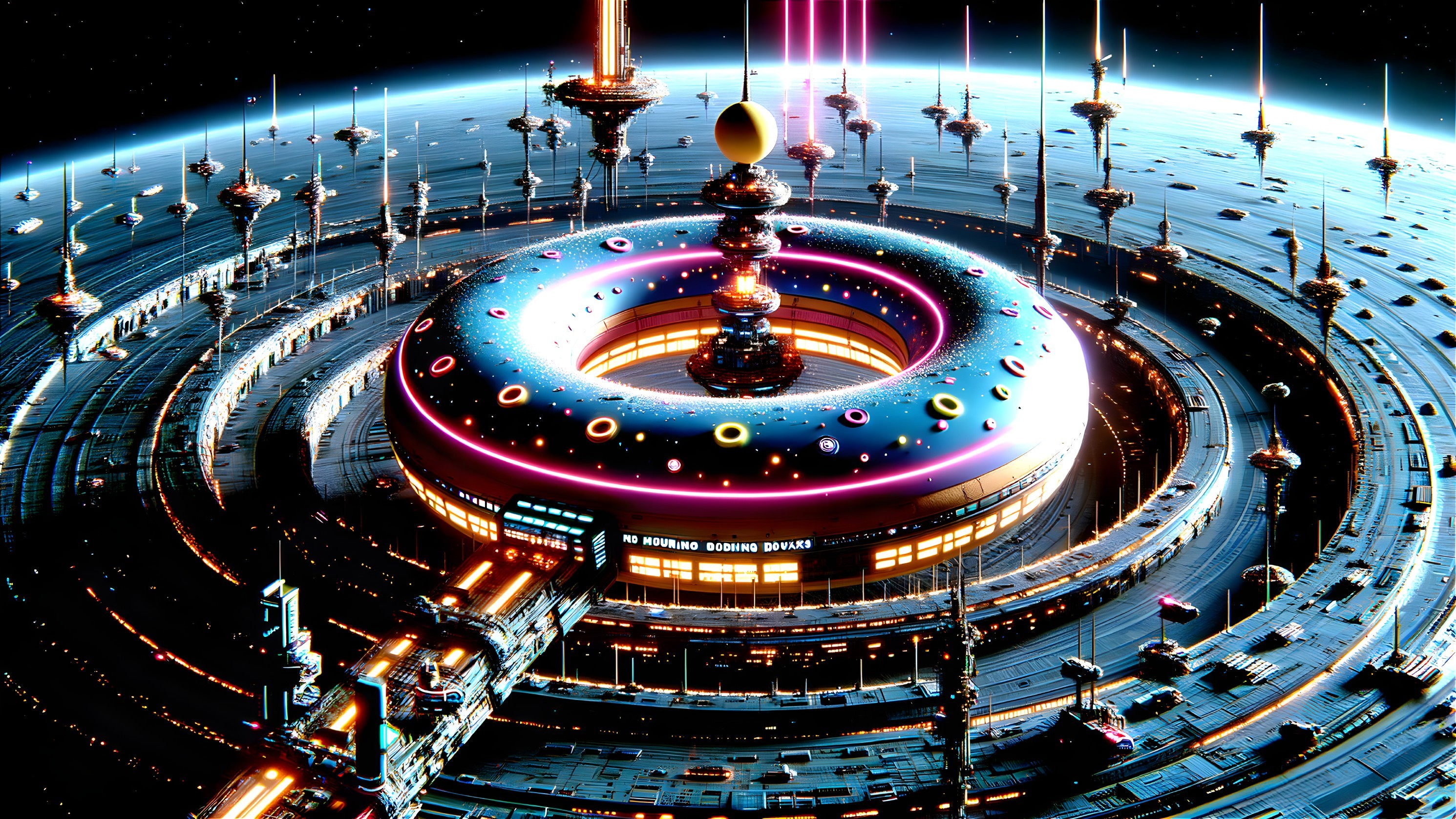 Futuristic Space Station with Colorful Ring Structure