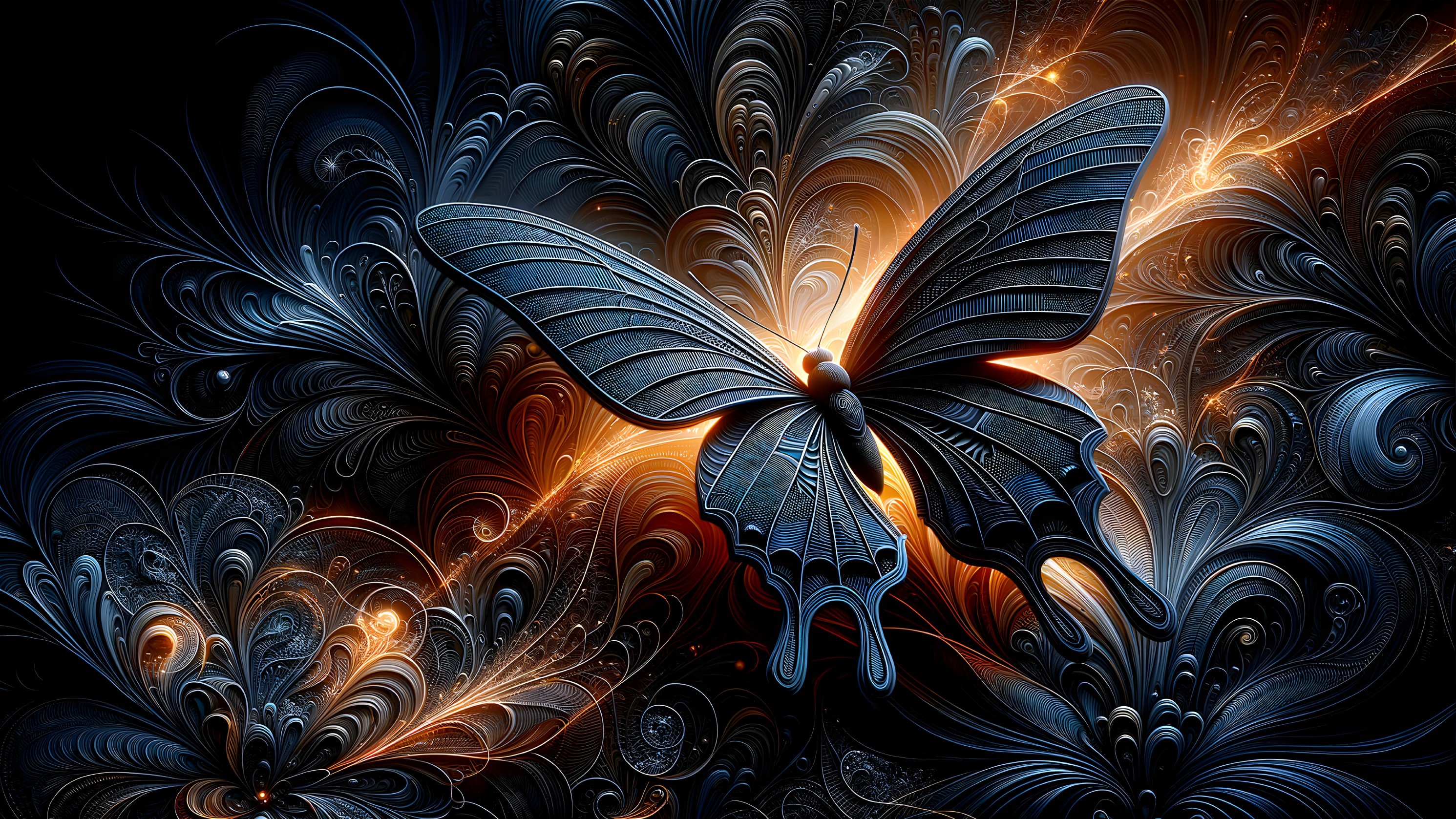 Butterfly Against Intricate Blue and Orange Patterns