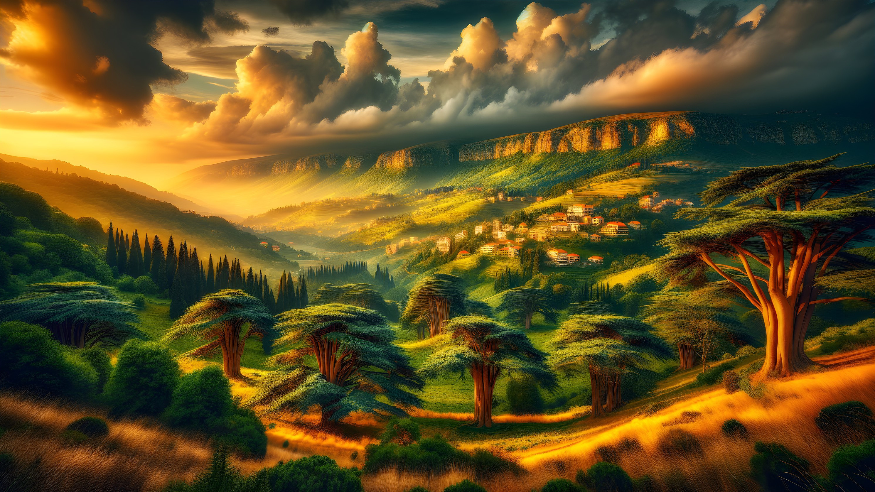 Sunset Landscape with Hills, Trees, and Village