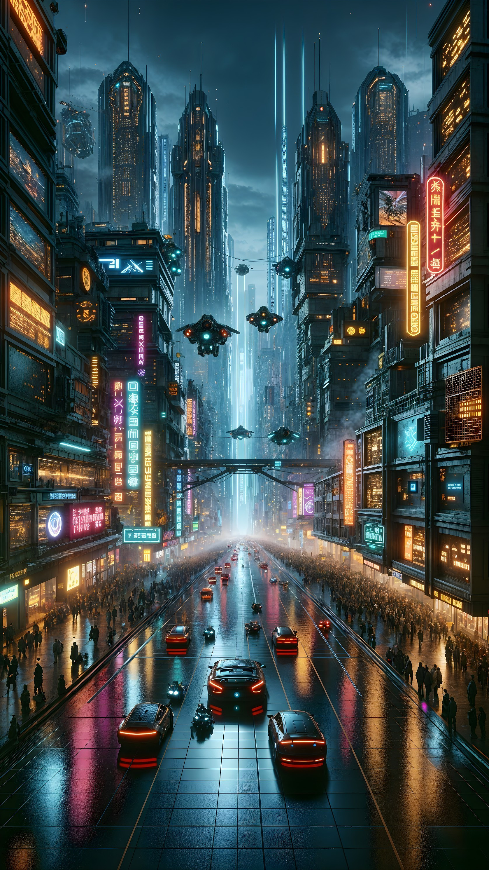 Futuristic cityscape with neon lights and skyscrapers
