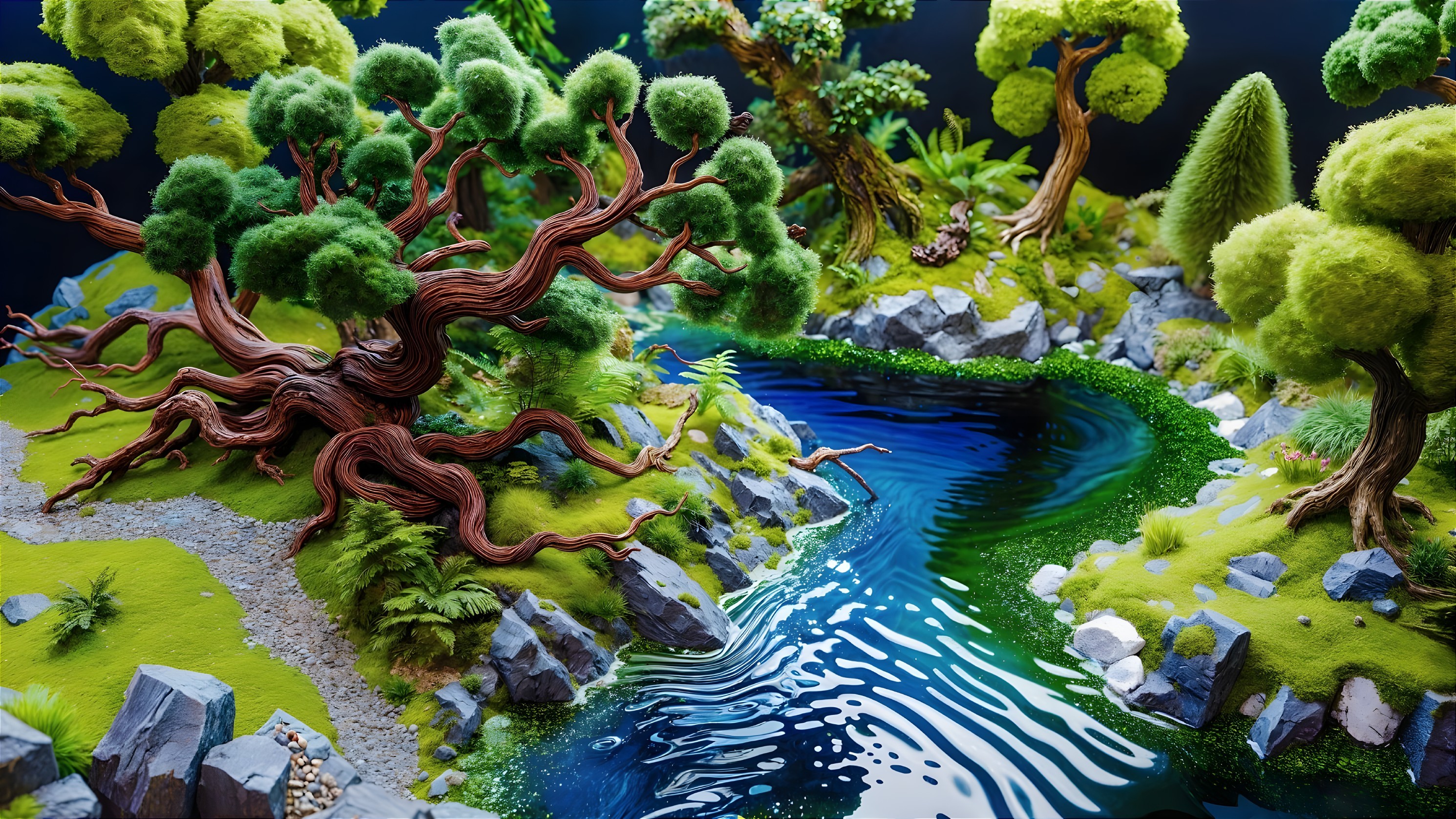 Vibrant Miniature Landscape with Lush Vegetation and River