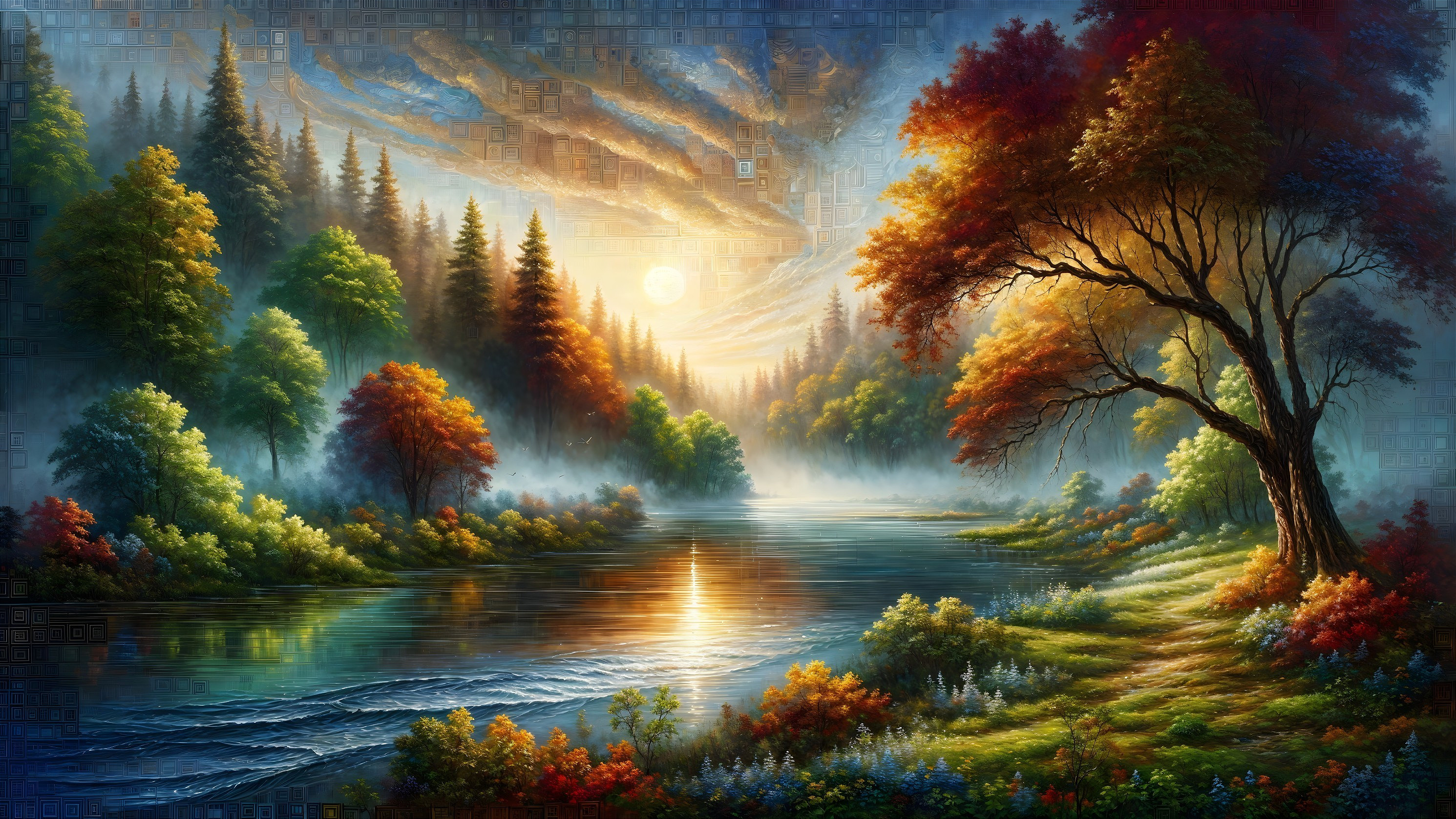 Autumn River Landscape with Lush Trees and Wildflowers