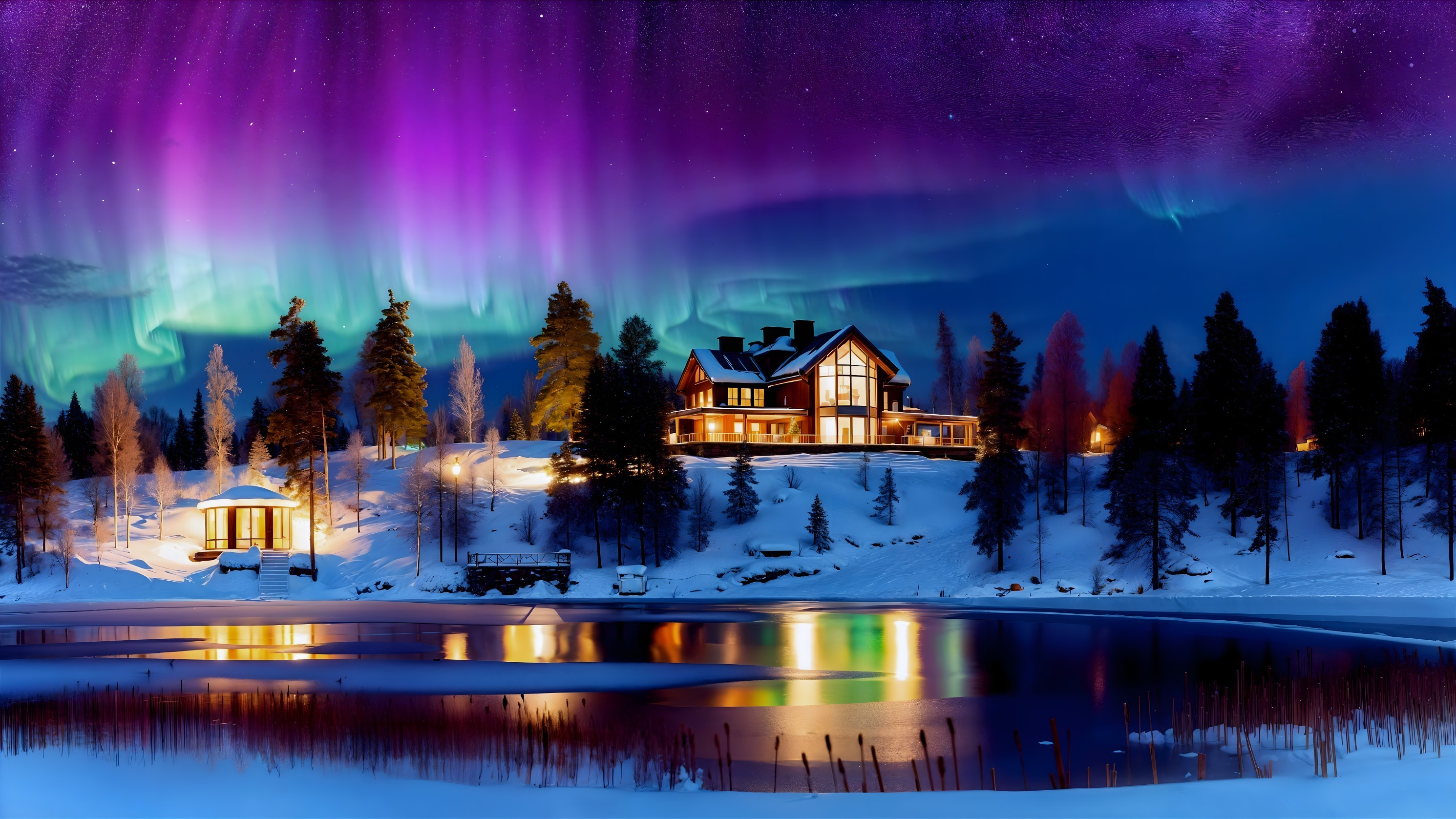 Winter Night Landscape with Northern Lights and House