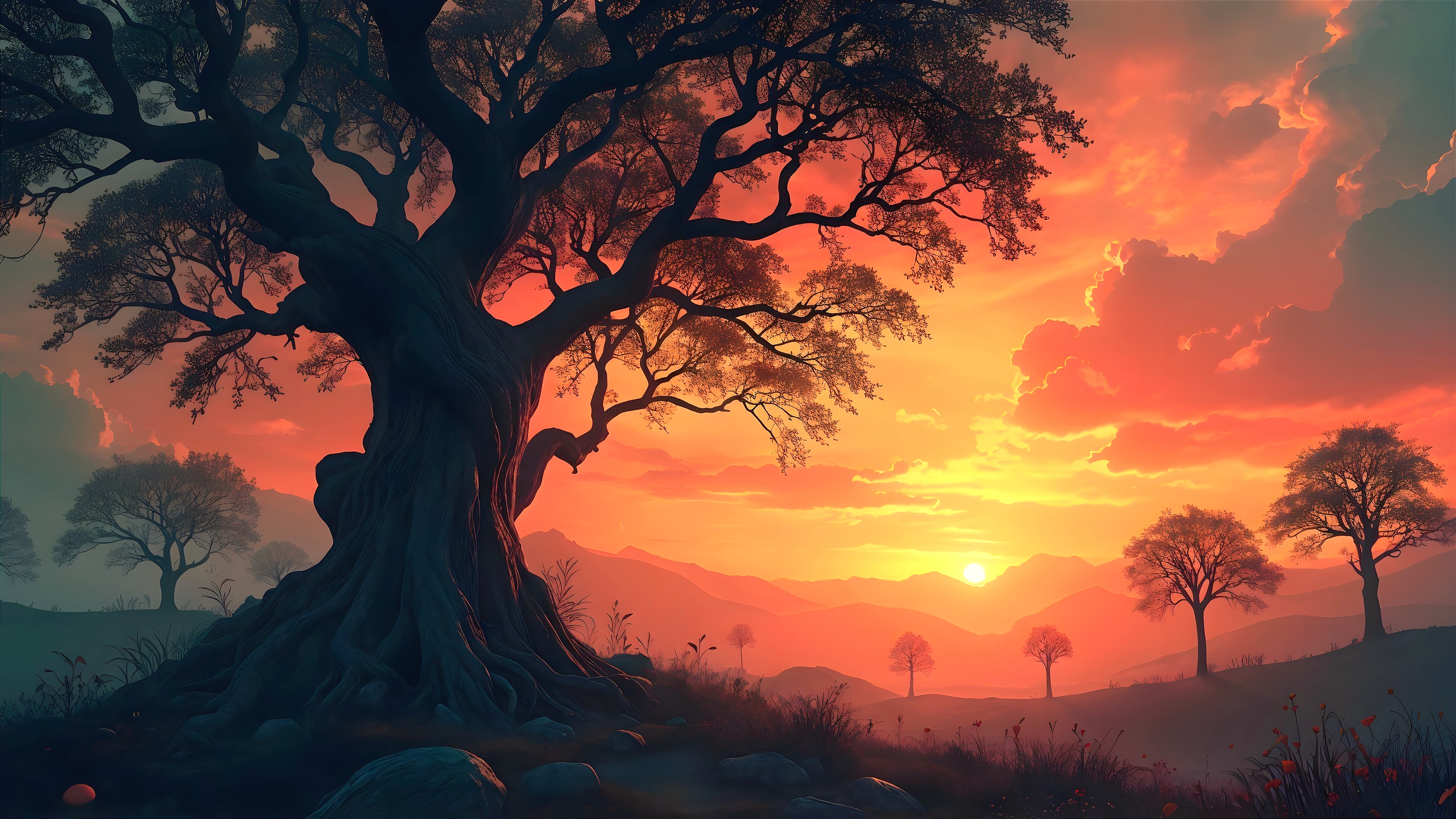 Majestic Tree Silhouetted Against Vibrant Sunset