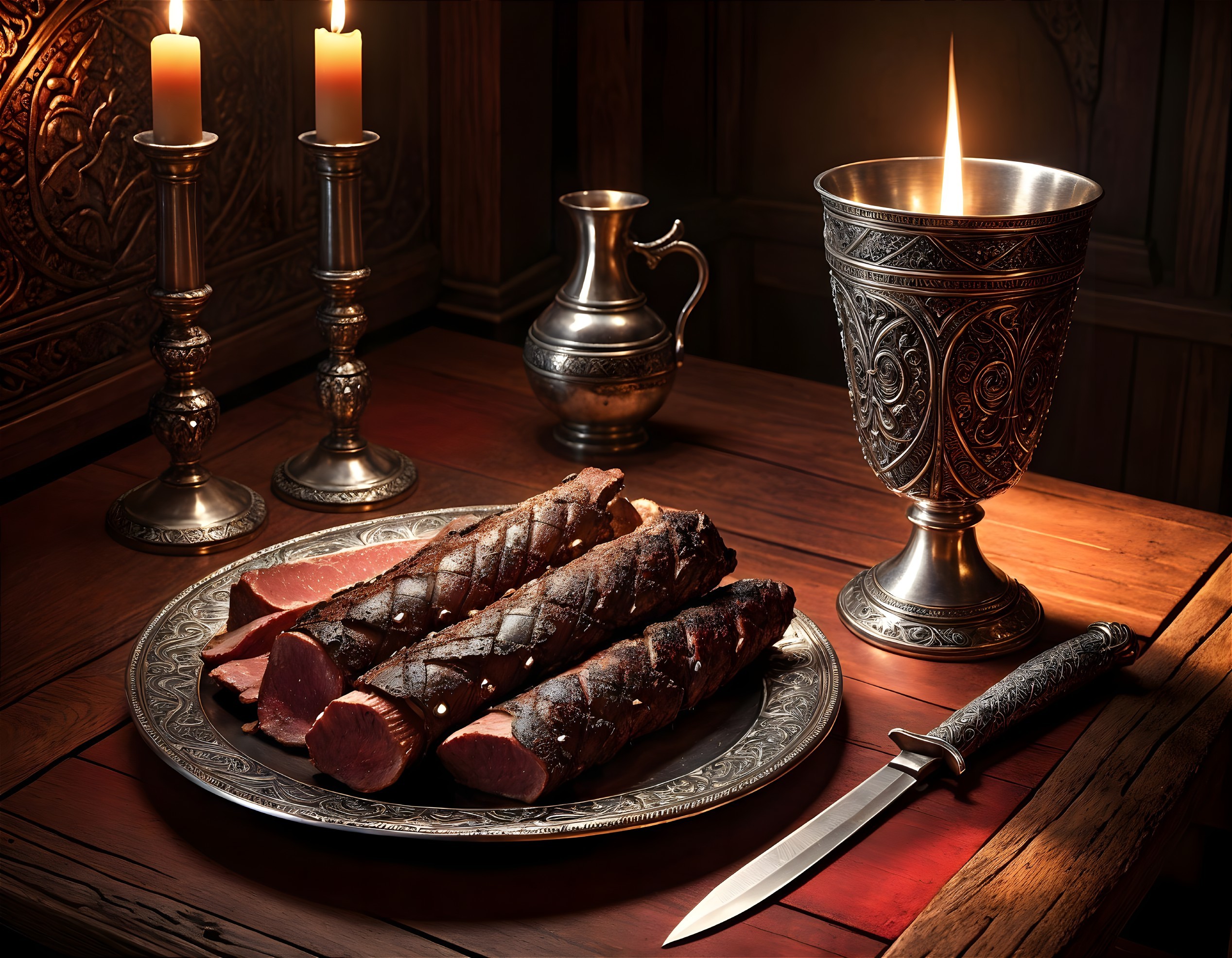 Grilled Dark Meats on Ornate Silver Platter Setting