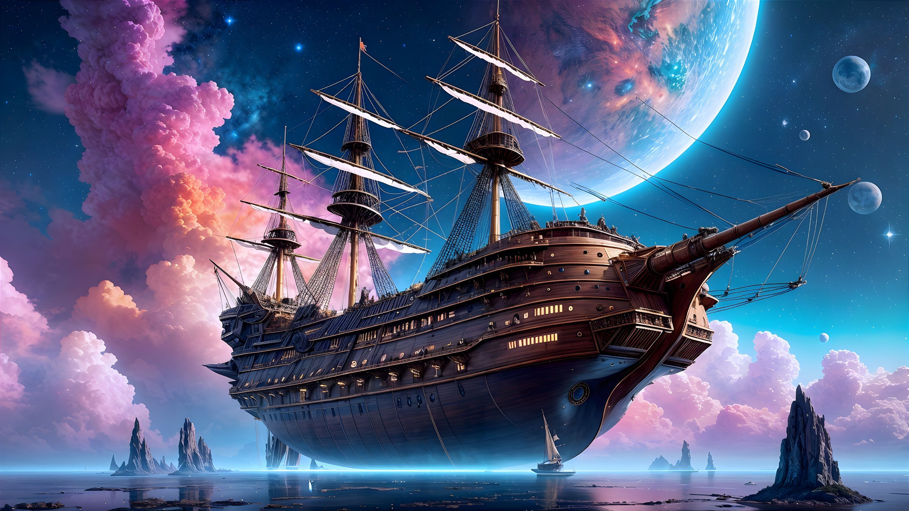 Futuristic Wooden Ship in Vibrant Cosmic Scene