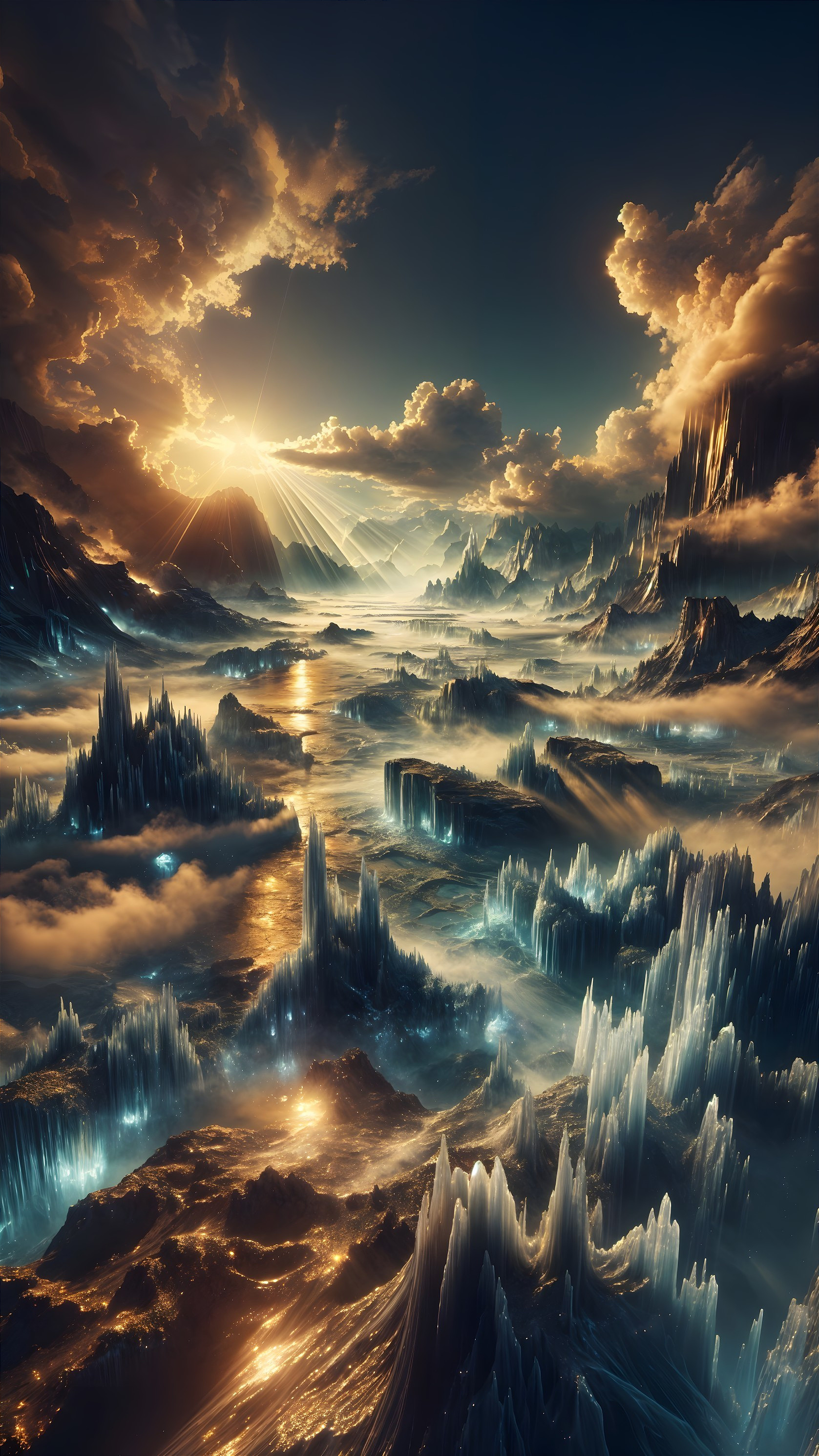 Sunrise Landscape with Crystalline Formations and Mist