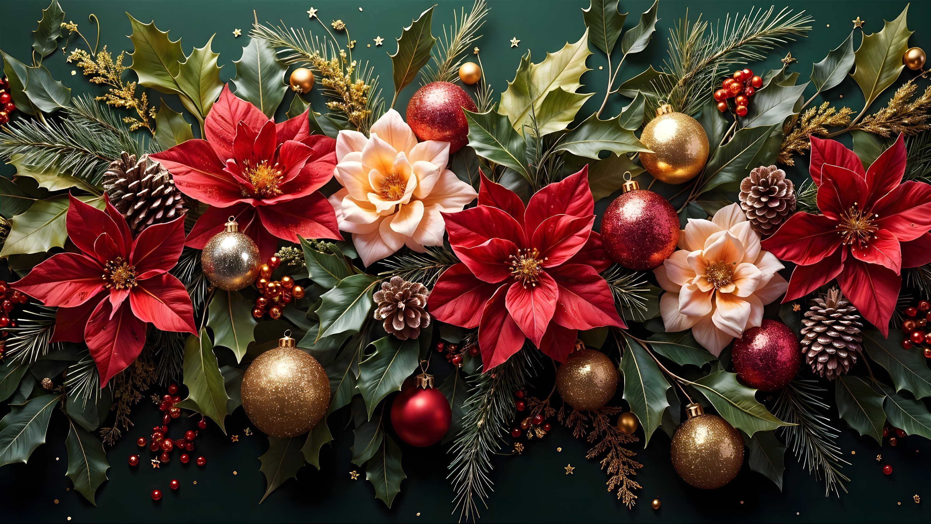 Vibrant Christmas Arrangement with Poinsettias and Ornaments