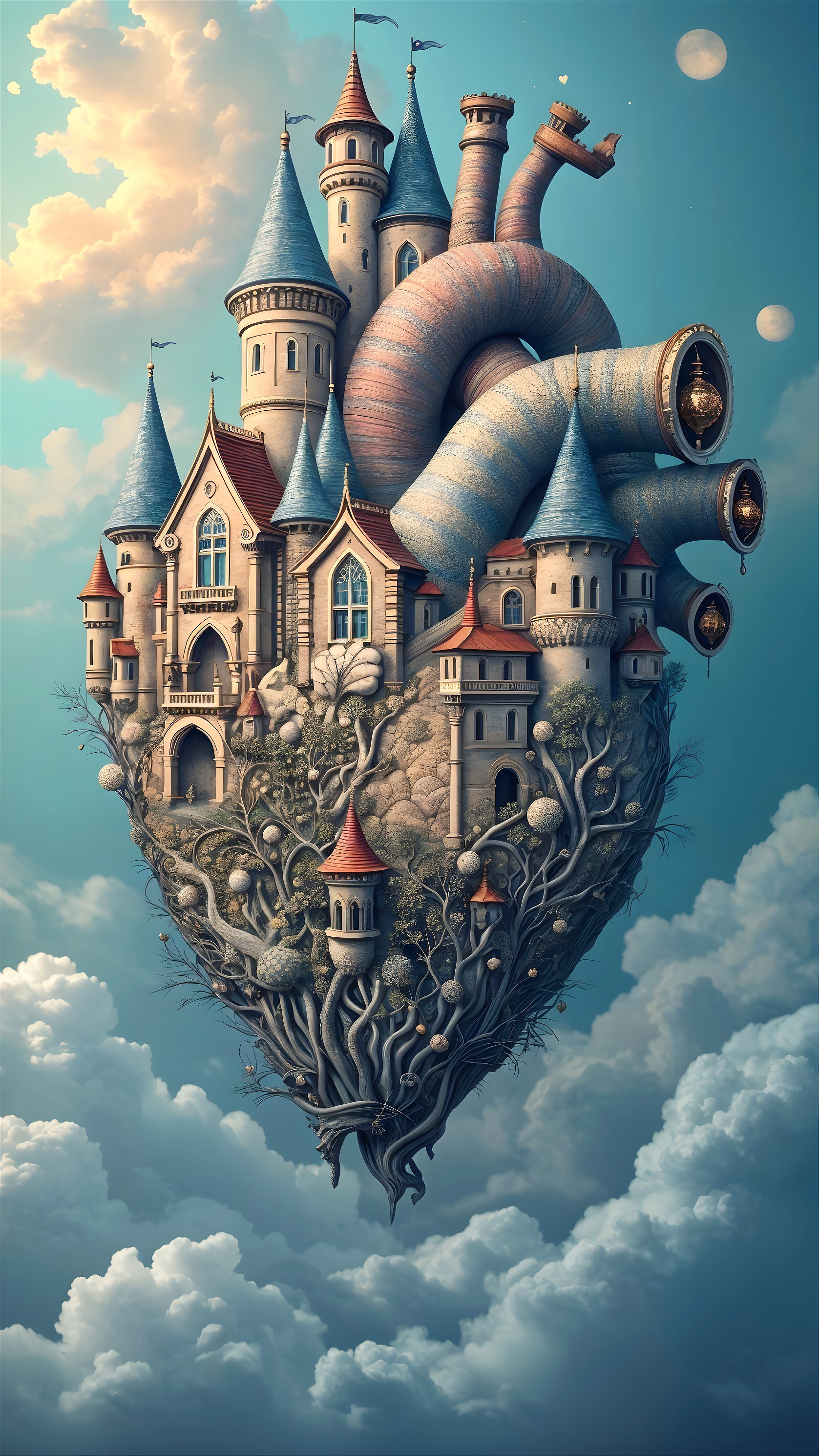 Whimsical Floating Castle with Steampunk Aesthetics