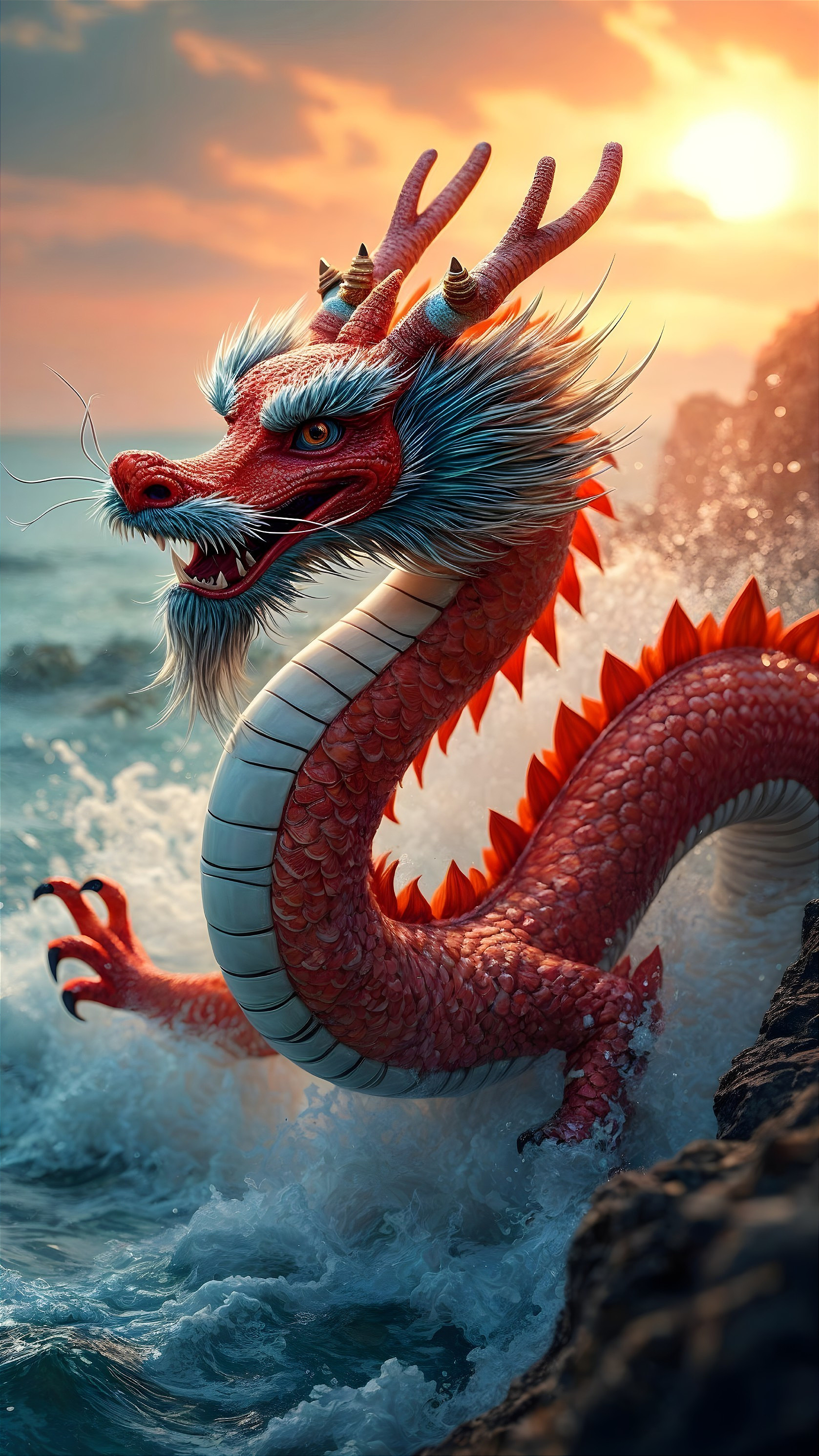 Majestic red dragon emerging from ocean waves at sunset