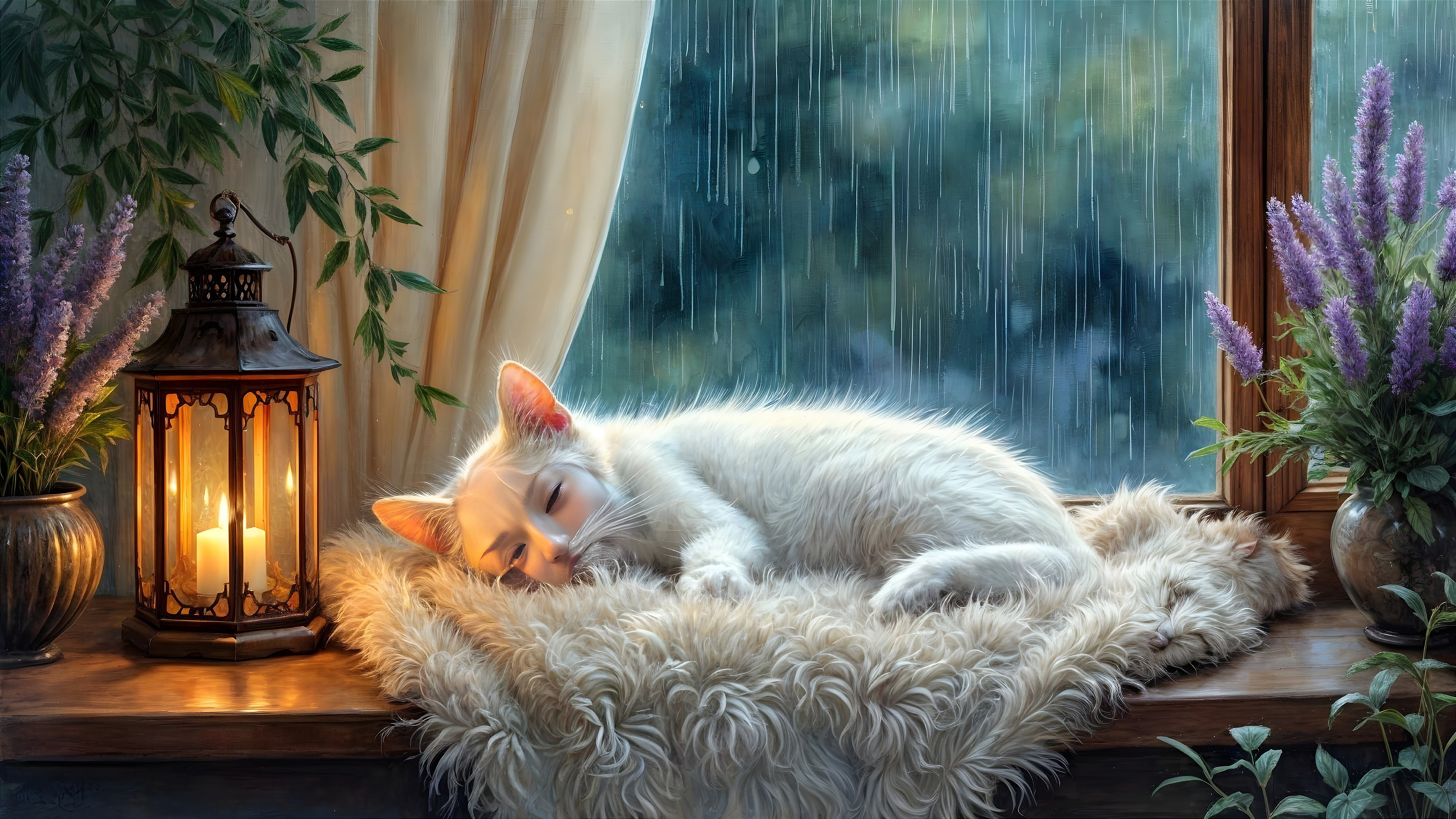 Indoor Scene of a Sleeping Cat by a Rainy Window
