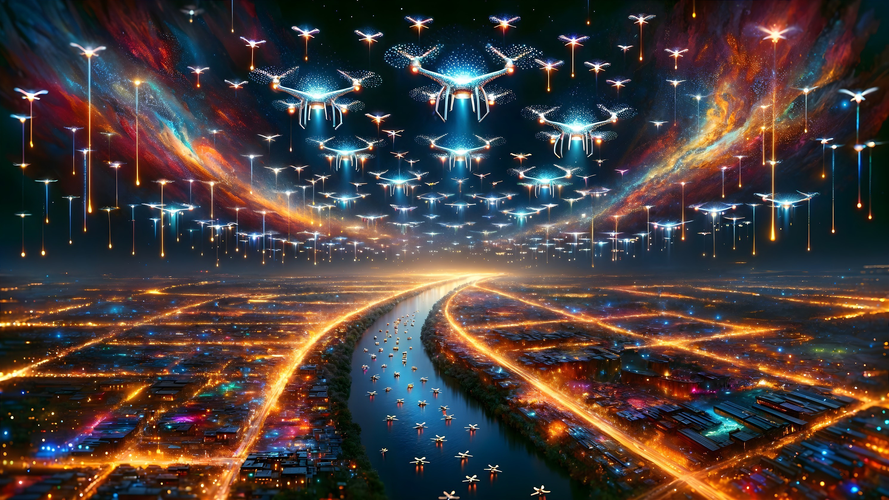 Futuristic cityscape at dusk with glowing drones