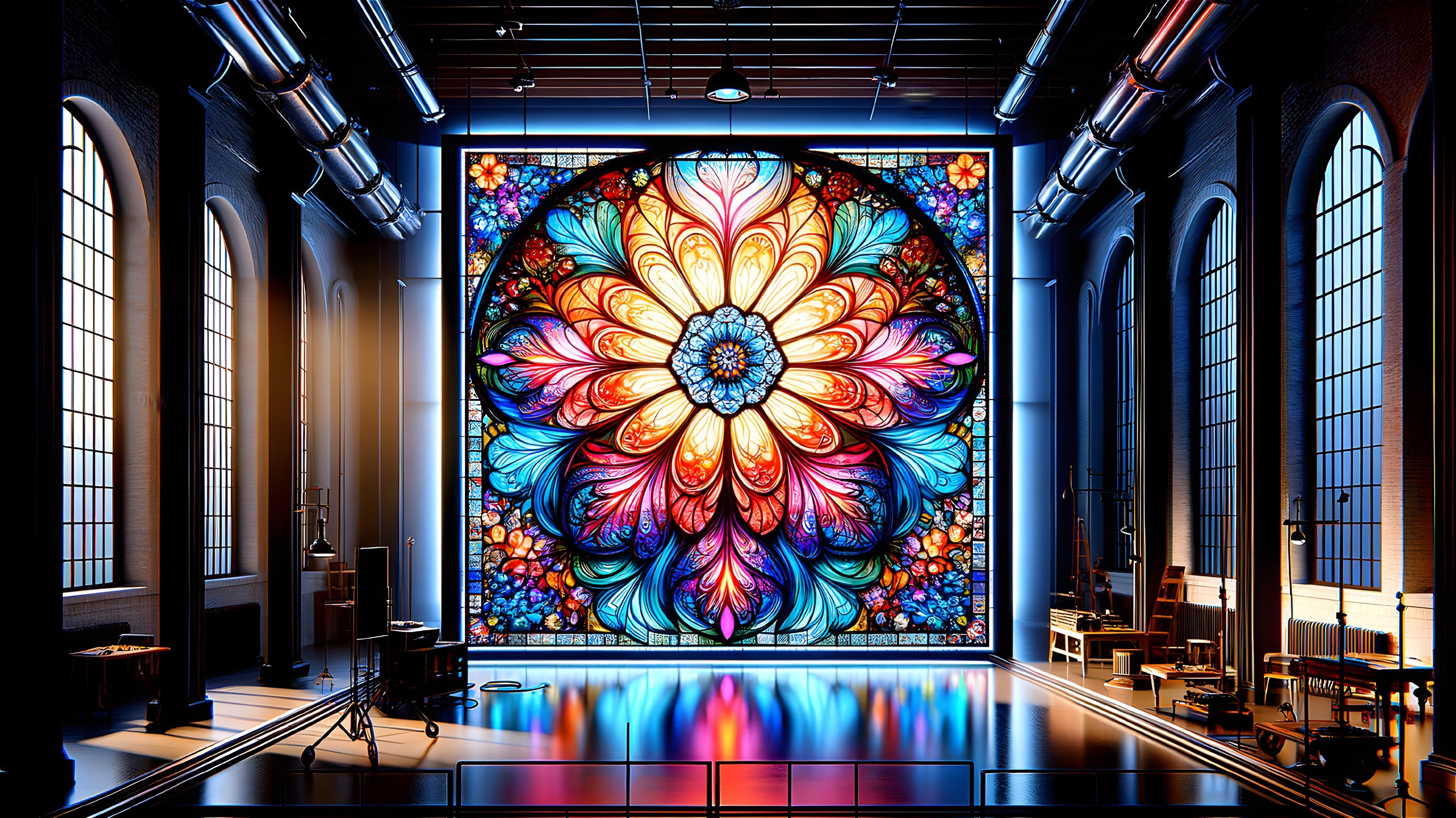 Vibrant Stained Glass Window with Floral Design