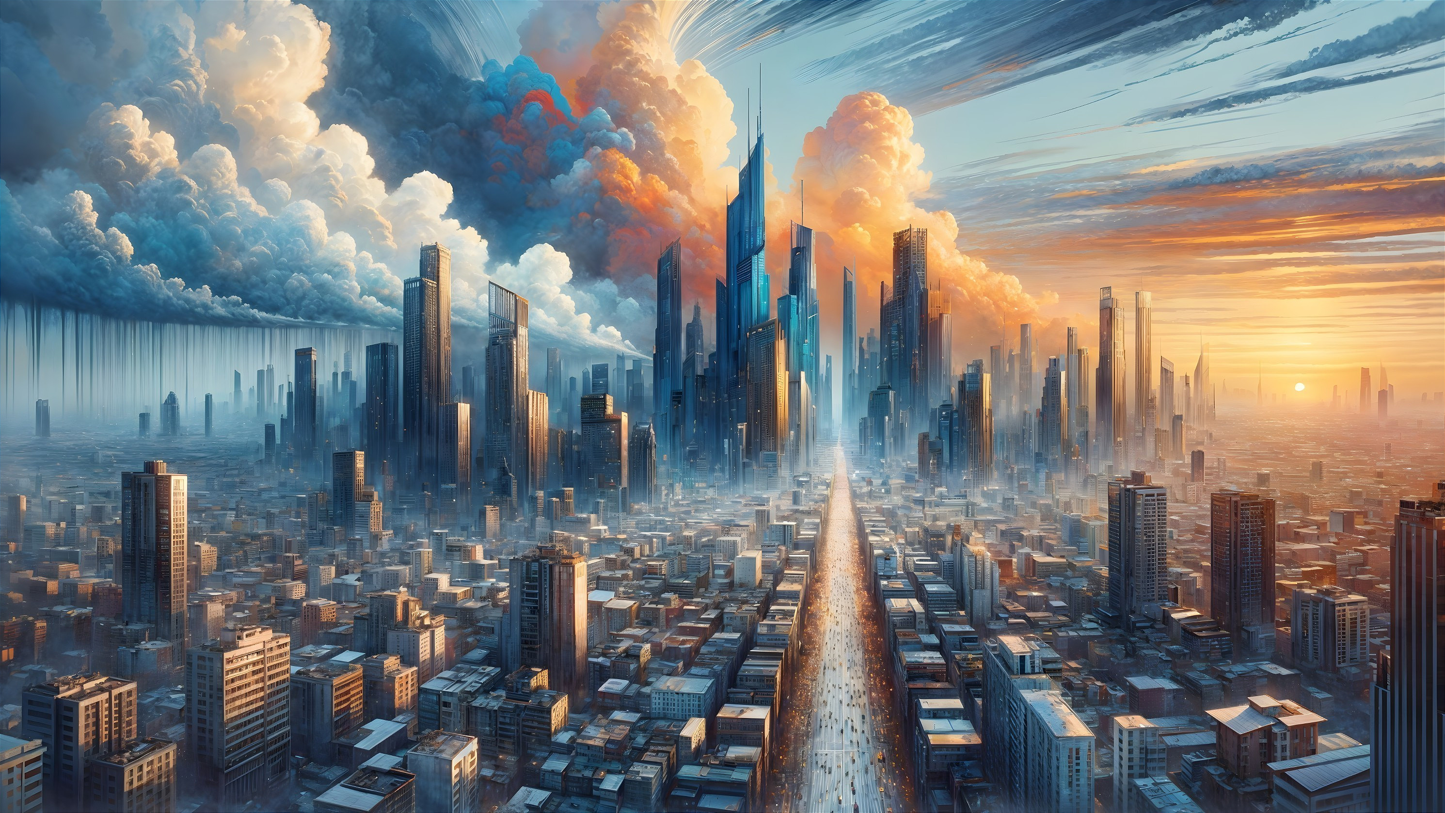 Futuristic cityscape at sunset with vibrant sky