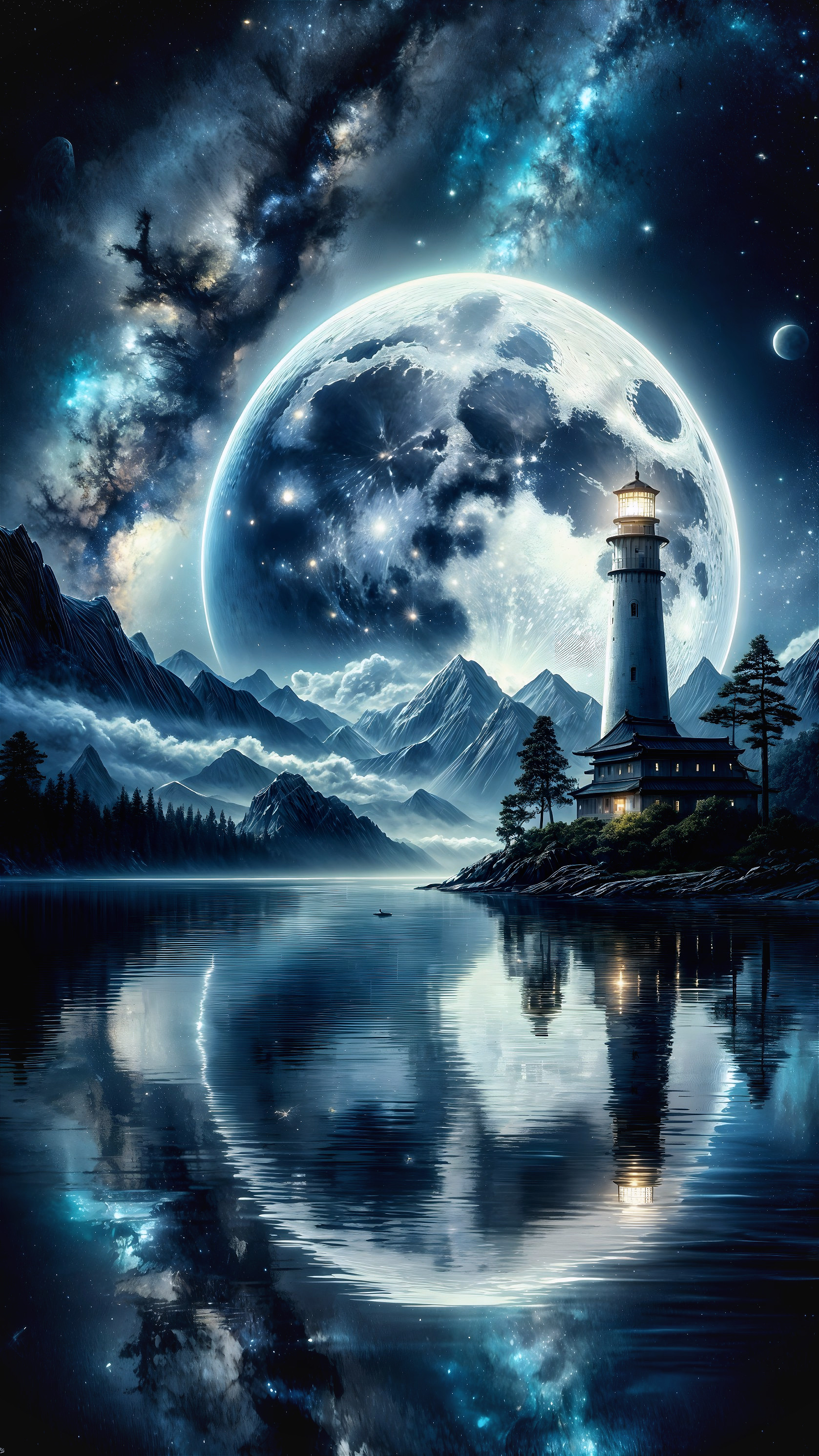 Lighthouse at Night with Moonlit Lake and Mountains