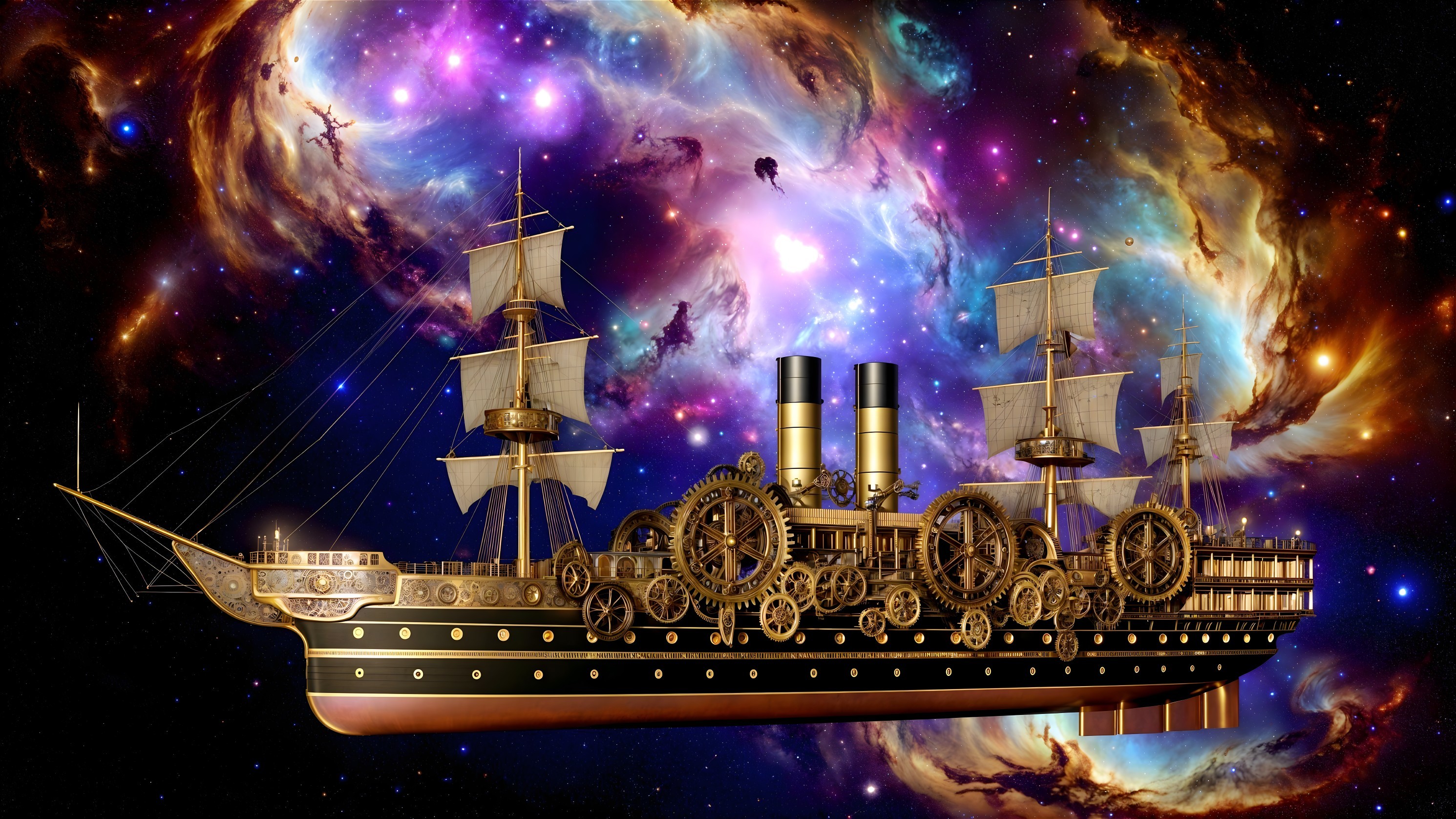 Steampunk Ship in Vibrant Cosmic Nebula Background