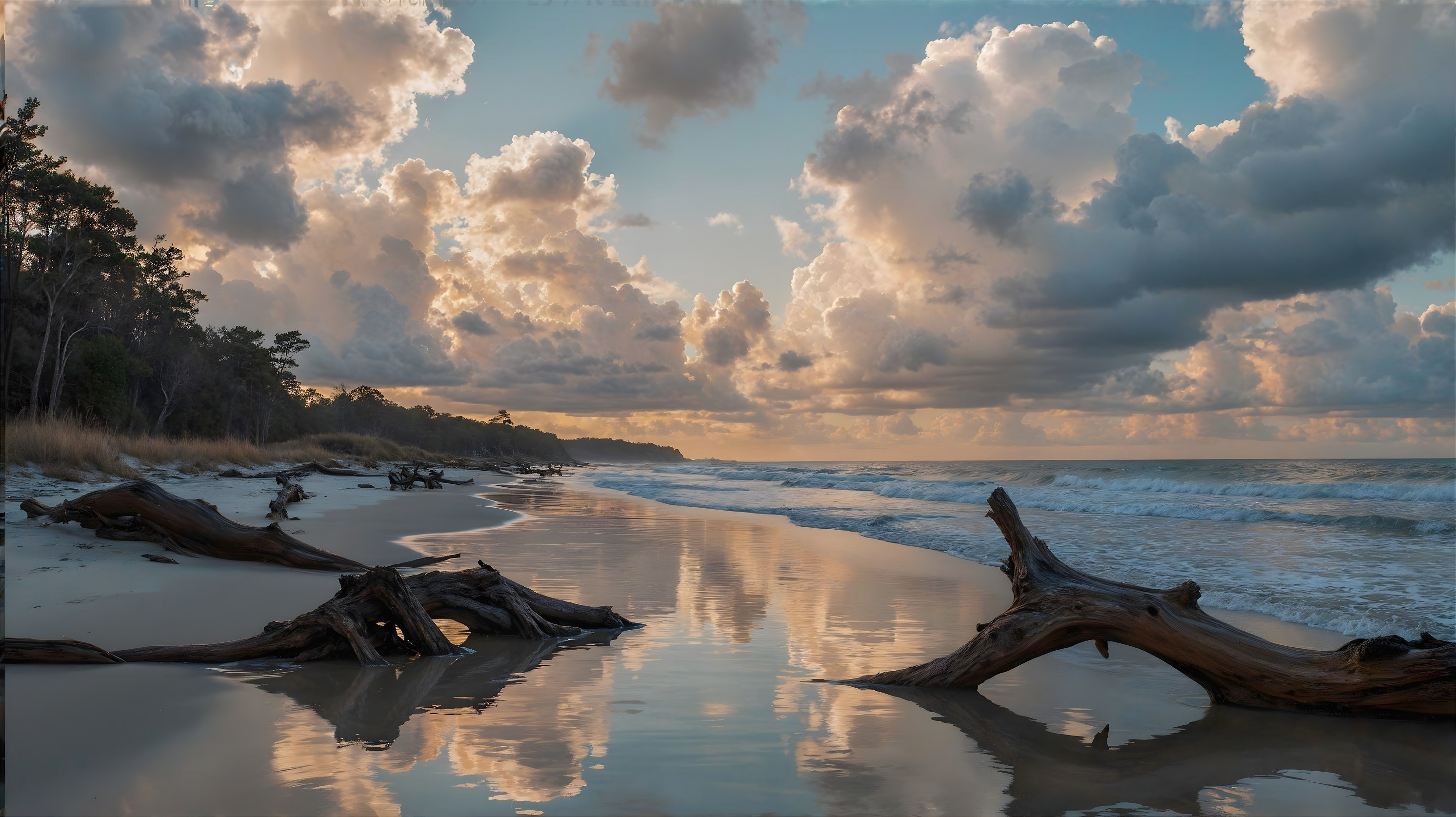 Serene Beach Scene at Sunset with Soft Waves