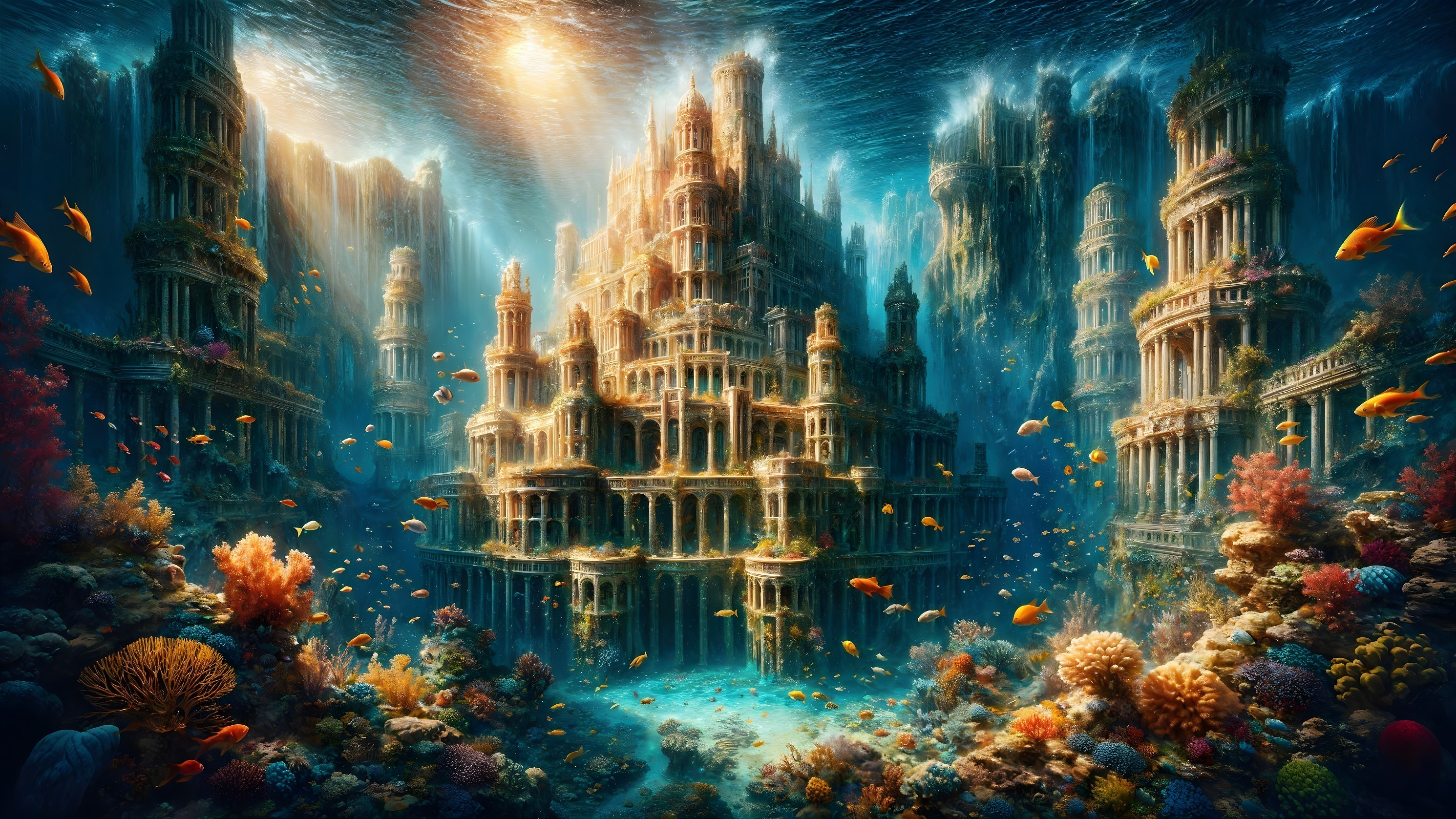 Underwater Cityscape with Ruins and Coral Reefs
