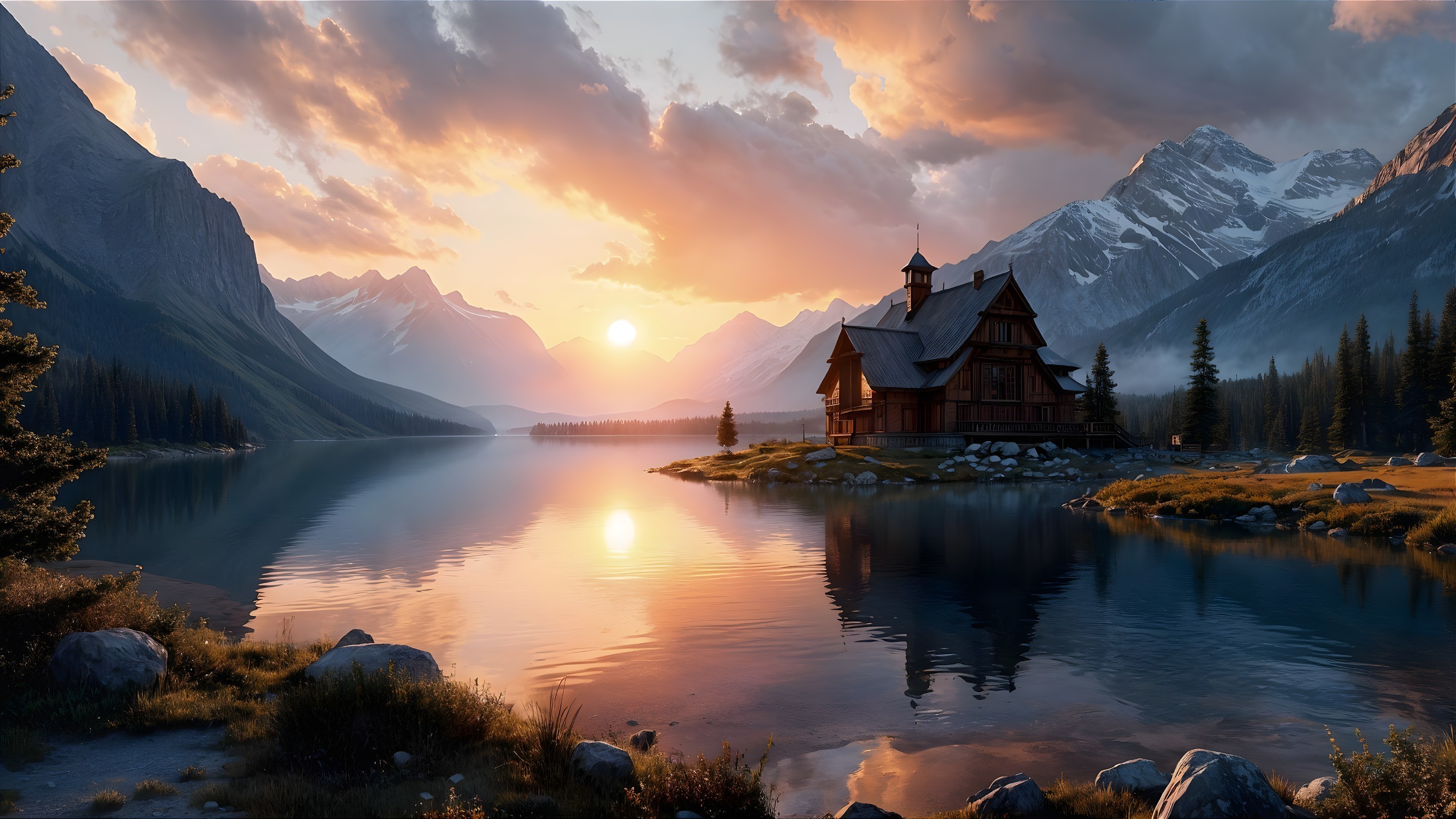 Serene Landscape with Cabin by Tranquil Lake