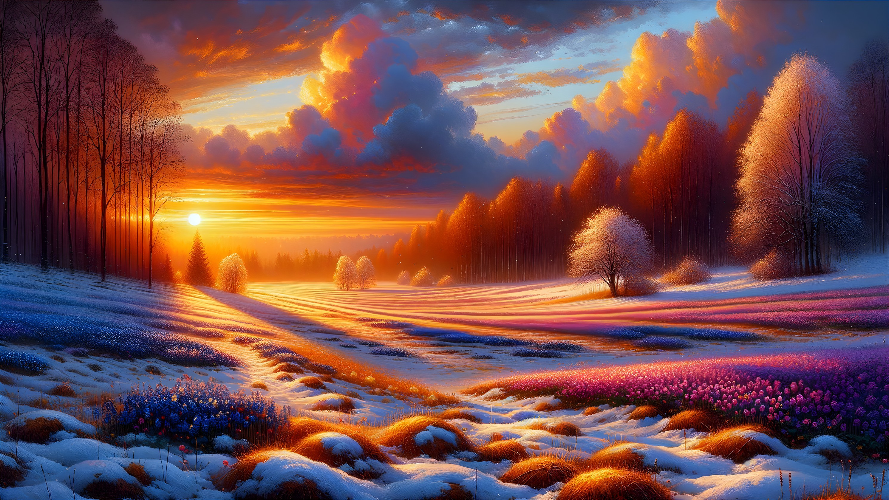 Vibrant Sunset Landscape with Snow and Wildflowers