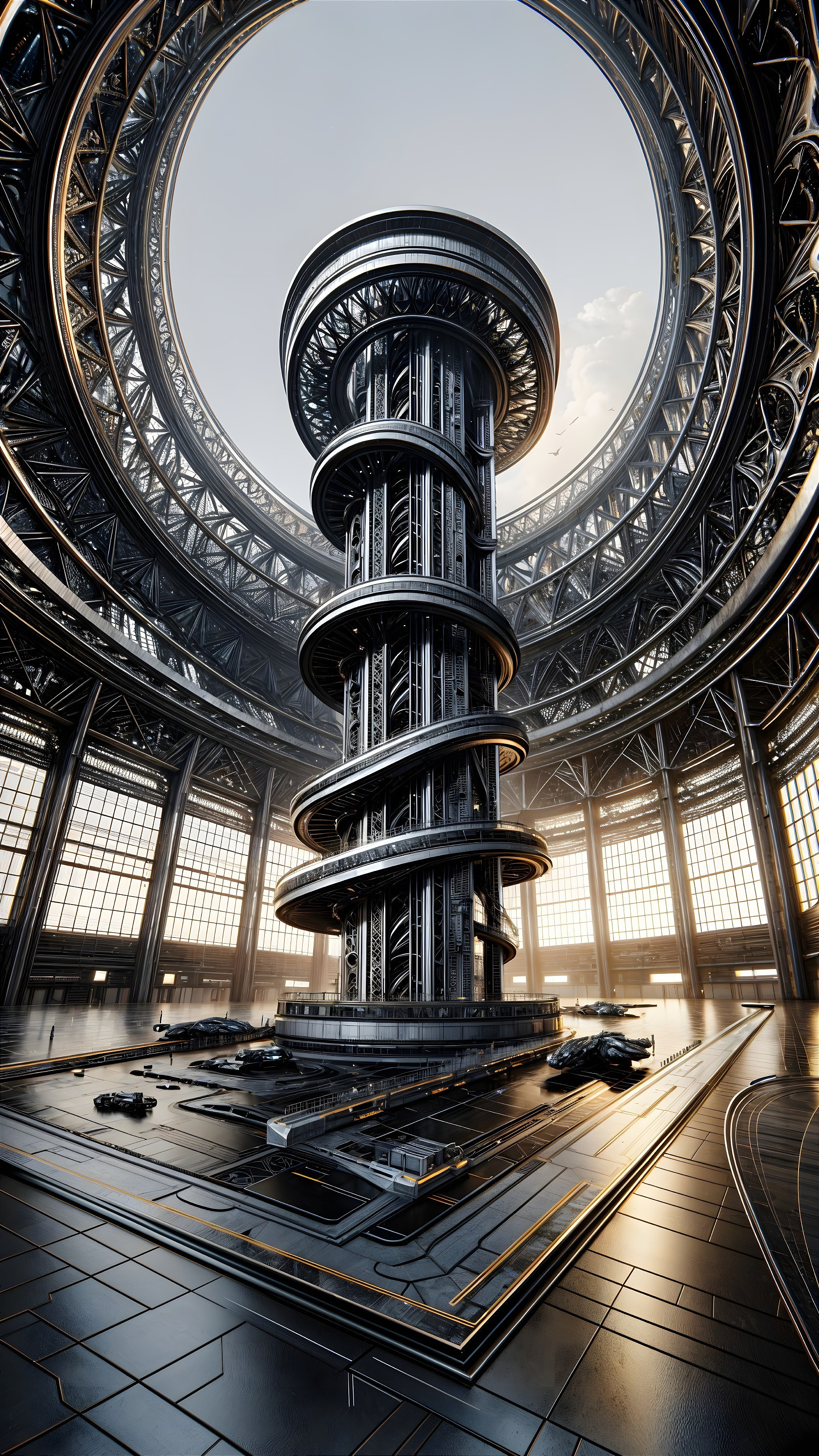 Futuristic industrial interior with spiral structure and light