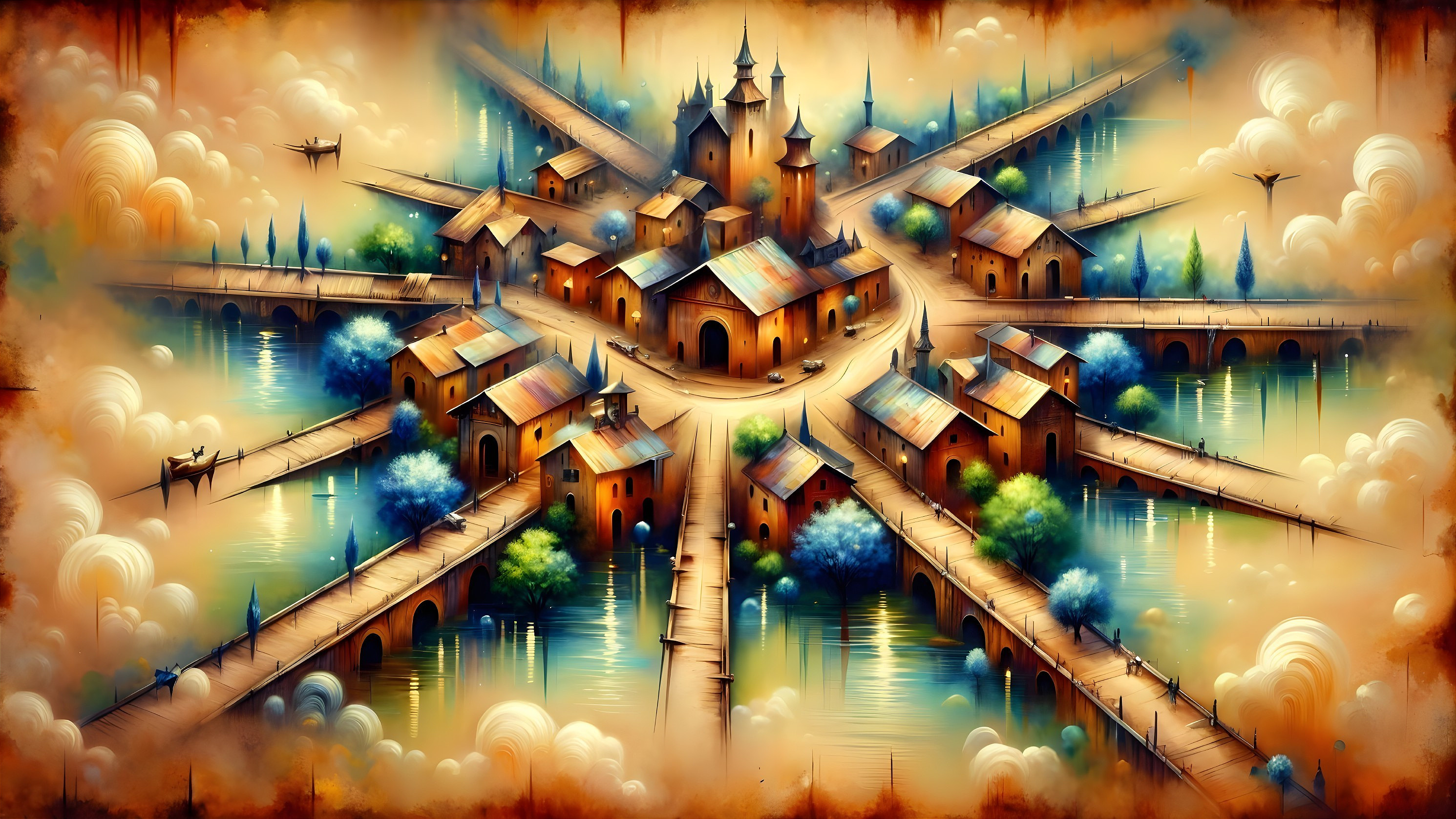 Vibrant Village Surrounded by Water and Greenery