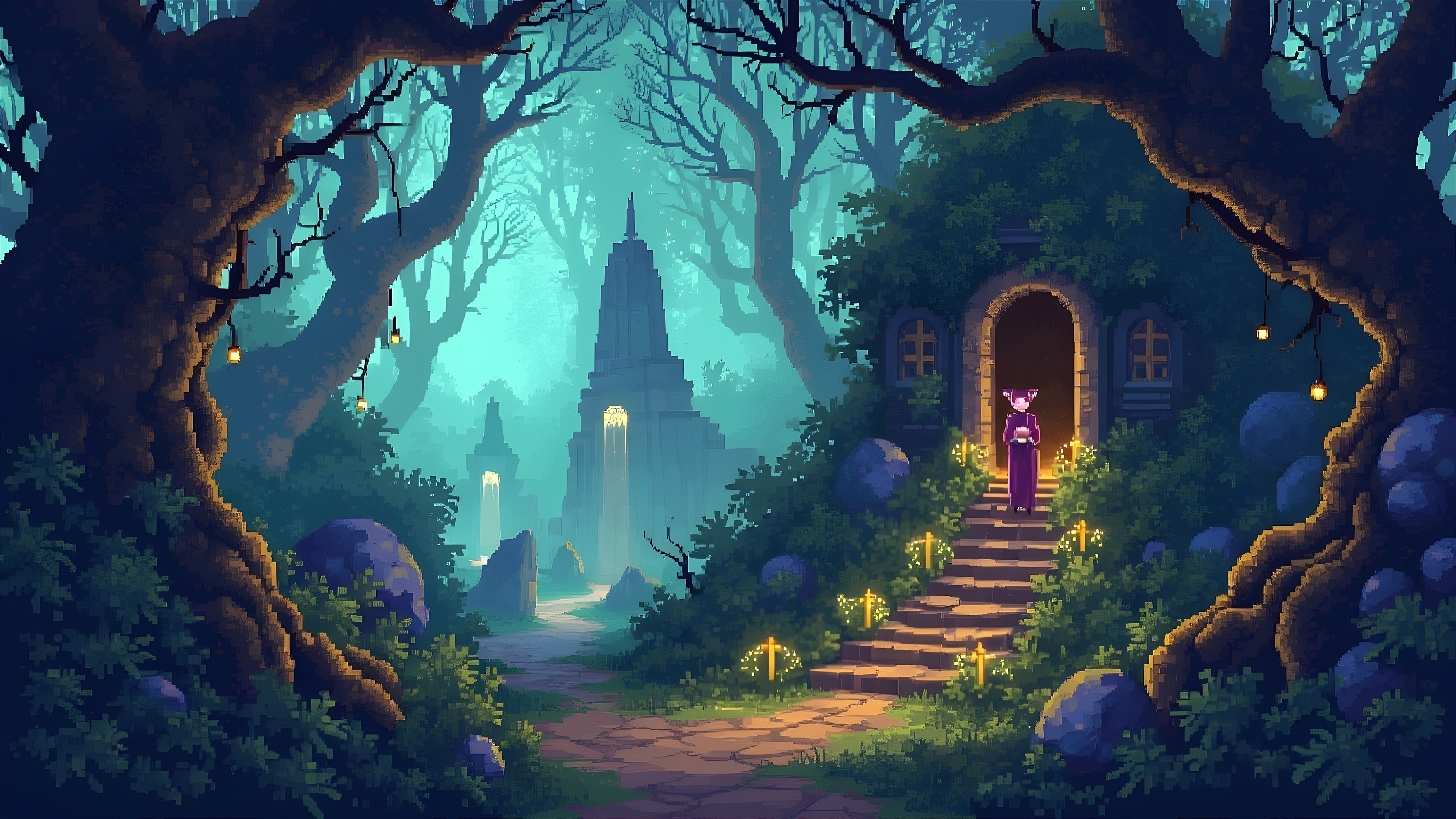 Mystical Forest Entrance with Ancient Ruins and Light